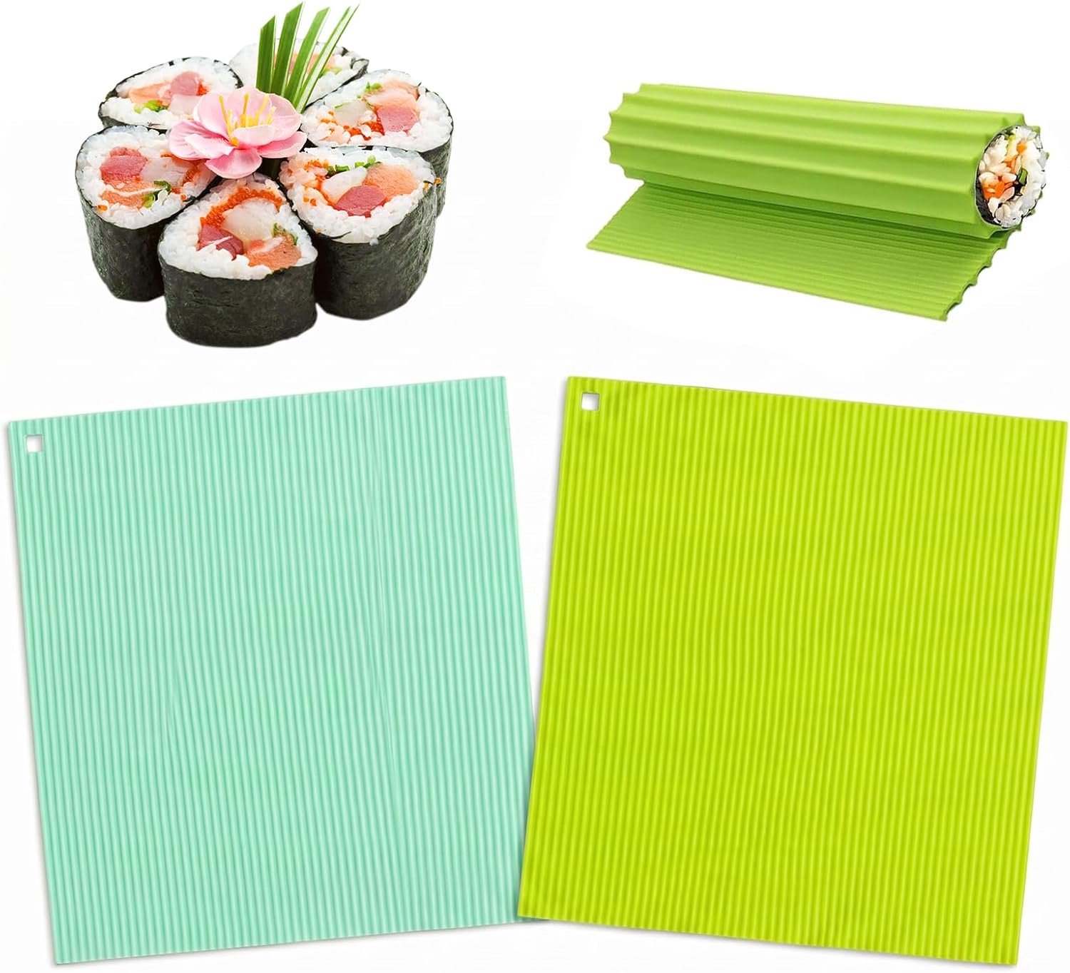 2 stuks siliconen sushimat, 20 x 22 cm, sushiroller, siliconen, herbruikbaar, voor beginners en kinderen, voor feestjes, reizen en picknick