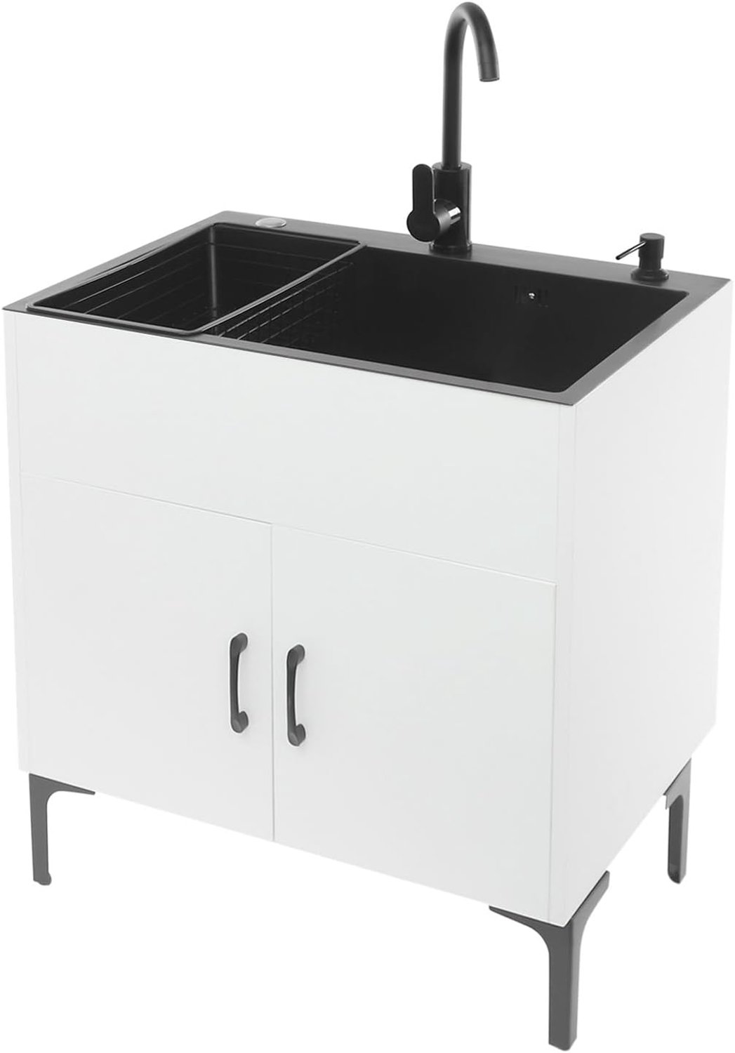Spoelbak met basis en kraan, roestvrijstalen spoelbak met 1 bak, afdruiprek en afvoergarnituur, voor keuken, tuin, buiten, werkplaats, wasruimte, camping (wit)