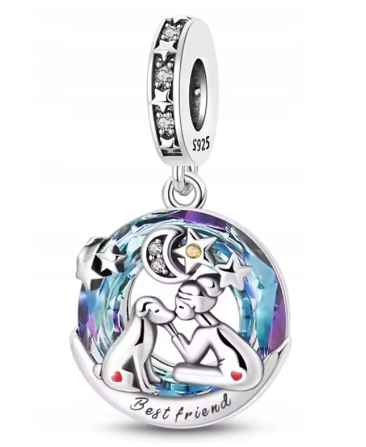 Fler® | Bedel | Past op populaire bedelarmbanden (standaard - 3mm) | Meisje met Hond Bedel – Hondenliefde – Best Friends – Huisdier | Hangbedel Charm | 925 sterling zilver | Transparante, blauwe en paarse zirkonia | Rode emaille |Valentijnsdag Cadeau