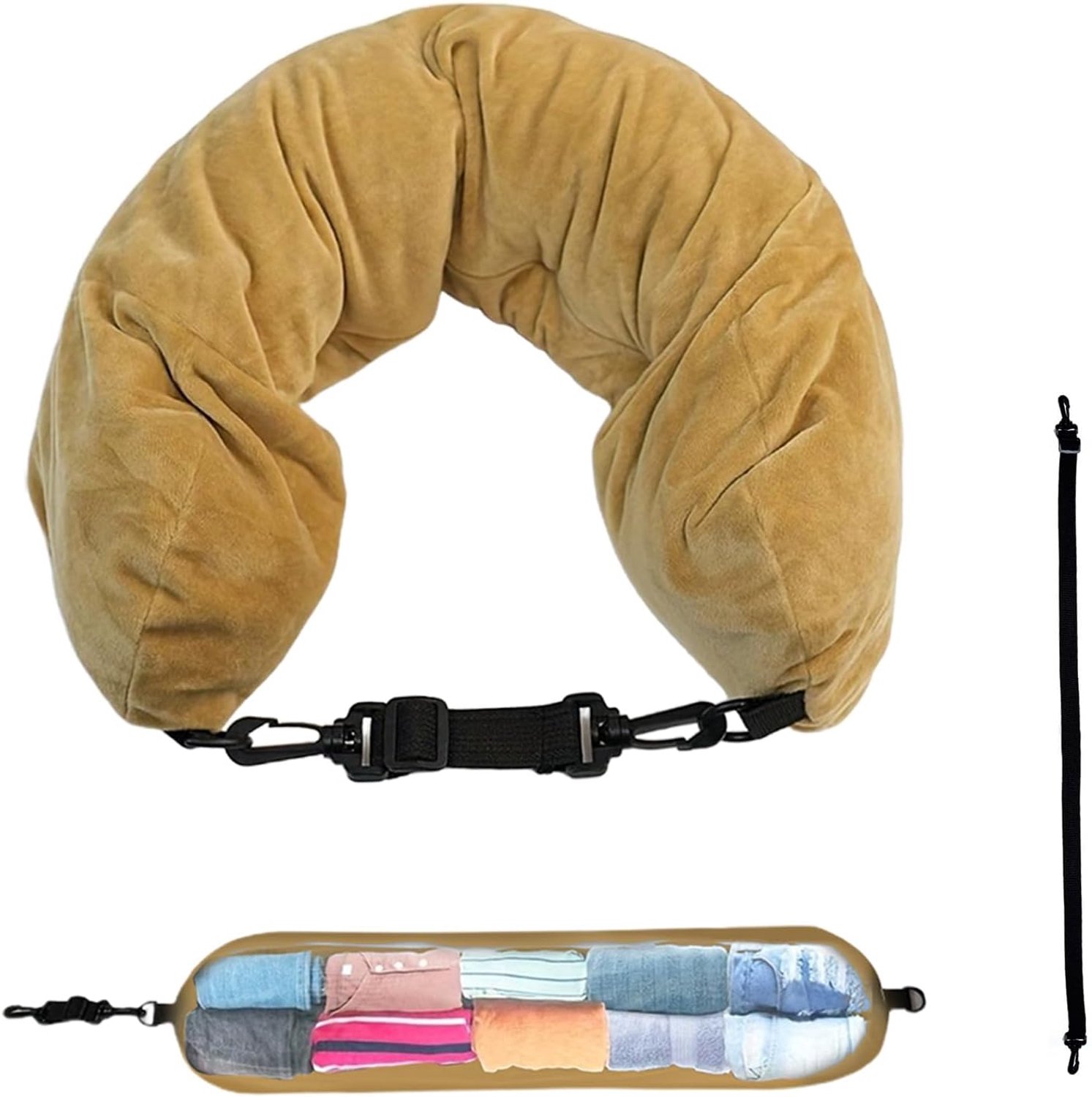 Reiskussen om te vullen met kleding, 81 cm, zacht pluche, stopbaar reiskussen, converteerbaar nekkussen voor 3-dagen reisbenodigdheden, alleen reiskussenhoes, zonder vulling (kaki)