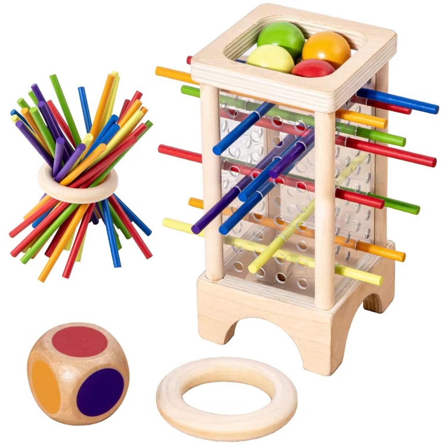 Houten Stick Board Game Ouder-Kind Interactie Montessori Houten Speelgoed, 4-kant Acryl Cilinder Game, Stick Picking Game voor 3-8 jaar oude kinderen