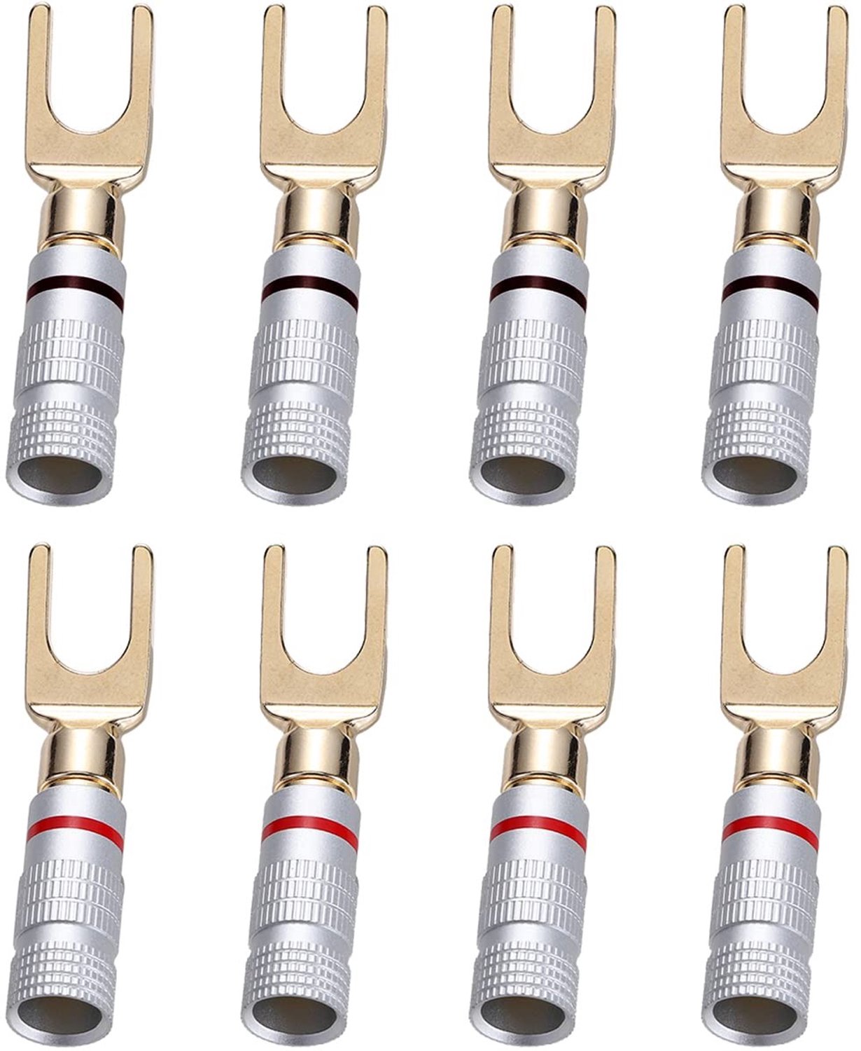 8 Stuks 24K Gouden Y Plug 45 Graden Schroef Spade Socket voor DIY Luidsprekerkabel, Corrosiebestendig en Duurzaam, 4 Zwart en 4 Rood
