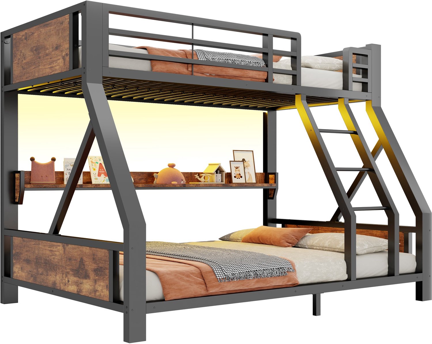 Merax Metalen Stapelbed 90 x 200 cm En 140 x 200 cm - Eenpersoonsbed Boven - Tweepersoonsbed Onder - LED Verlichting - Opbergplank - Zwart - Zonder Matras