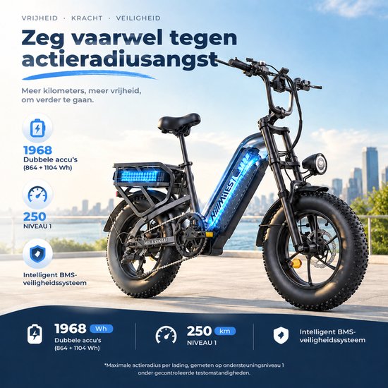 HillMiles MileLink 1 ebike 250W 65Nm, max 25 km/u, dubbele 48V lithium batterij 18+22,5Ah, 16×4 brede banden, hydraulische schijfremmen, hoog belastbare achterdrager, stads en off-road fiets, Grijs — afbeelding 5