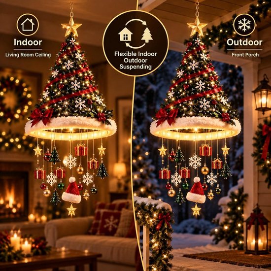 Hangkamer- en buitenkerstboomdecoratie met lichtjes, cadeautjes en sterren. Tekst: Indoor, Outdoor, Flexible Hanging.