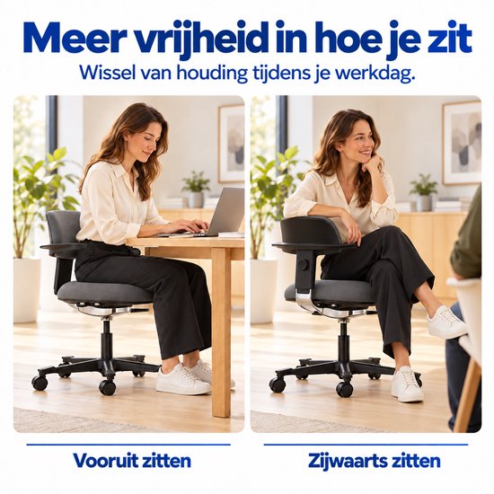 Vrouw zit aan bureau te typen op laptop, daarnaast zit ze ontspannen op de stoel.