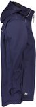 Donkerblauwe DASSY softshelljas met capuchon, ritssluiting en reflecterende details.