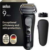 Rasoir noir Braun Series 9 PRO+ avec détails argentés, une station de charge et un étui de voyage. "Fabriqué en Allemagne".