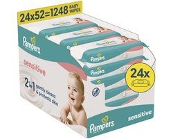 Pampers Sensitive Billendoekjes - 2-in-1: Reinigen Zacht & Beschermen - 0% Plastic In De Doekjes - 24 Verpakkingen van 52 Doekjes = 1248 Babydoekjes