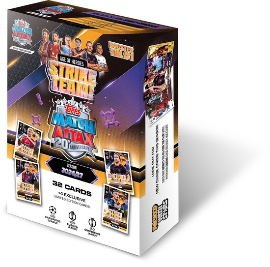 Boîte en métal Topps Match Attax 24/27 Strike Team avec 32 cartes et 4 cartes édition limitée exclusives.