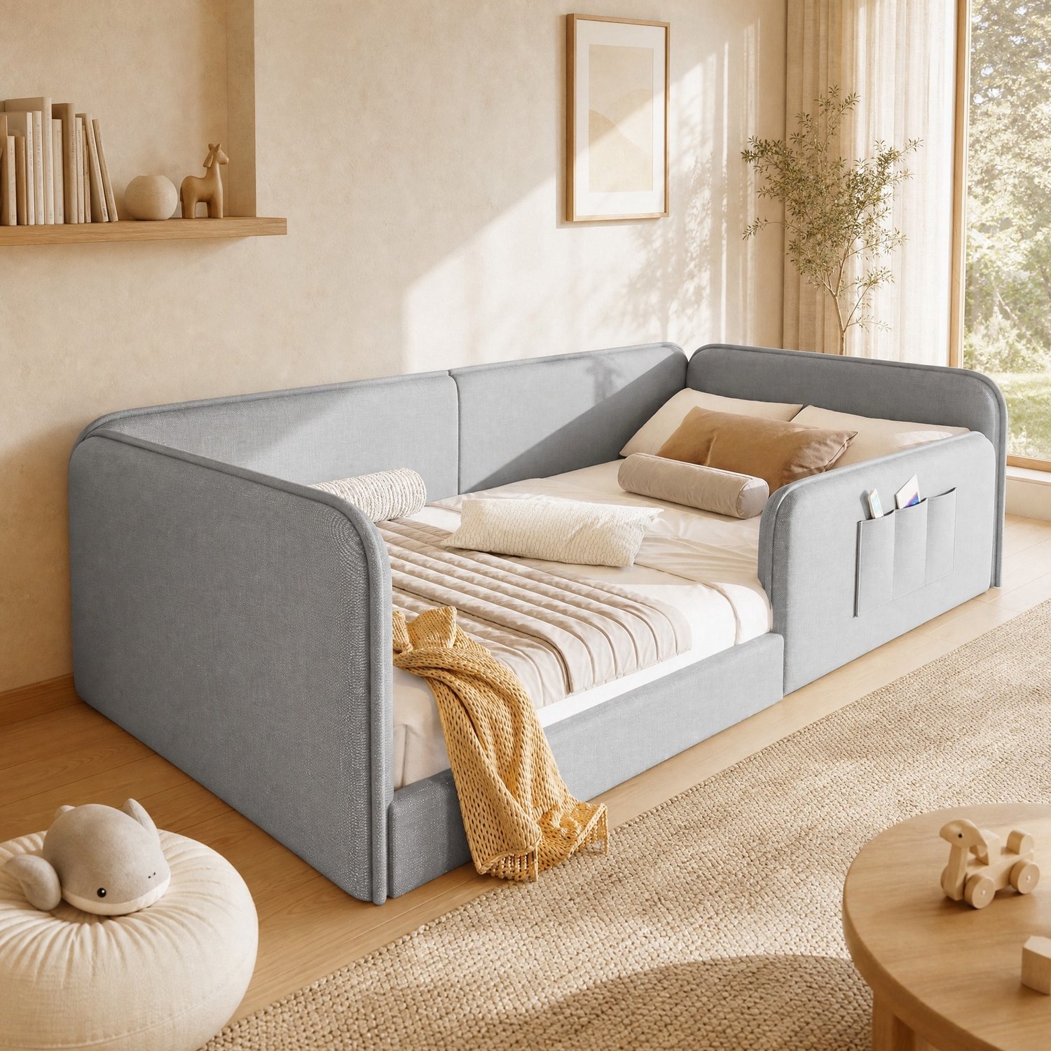 CHICFURN Gestoffeerd kinderbed 90x200 cm - veiligheidsrand - grijs