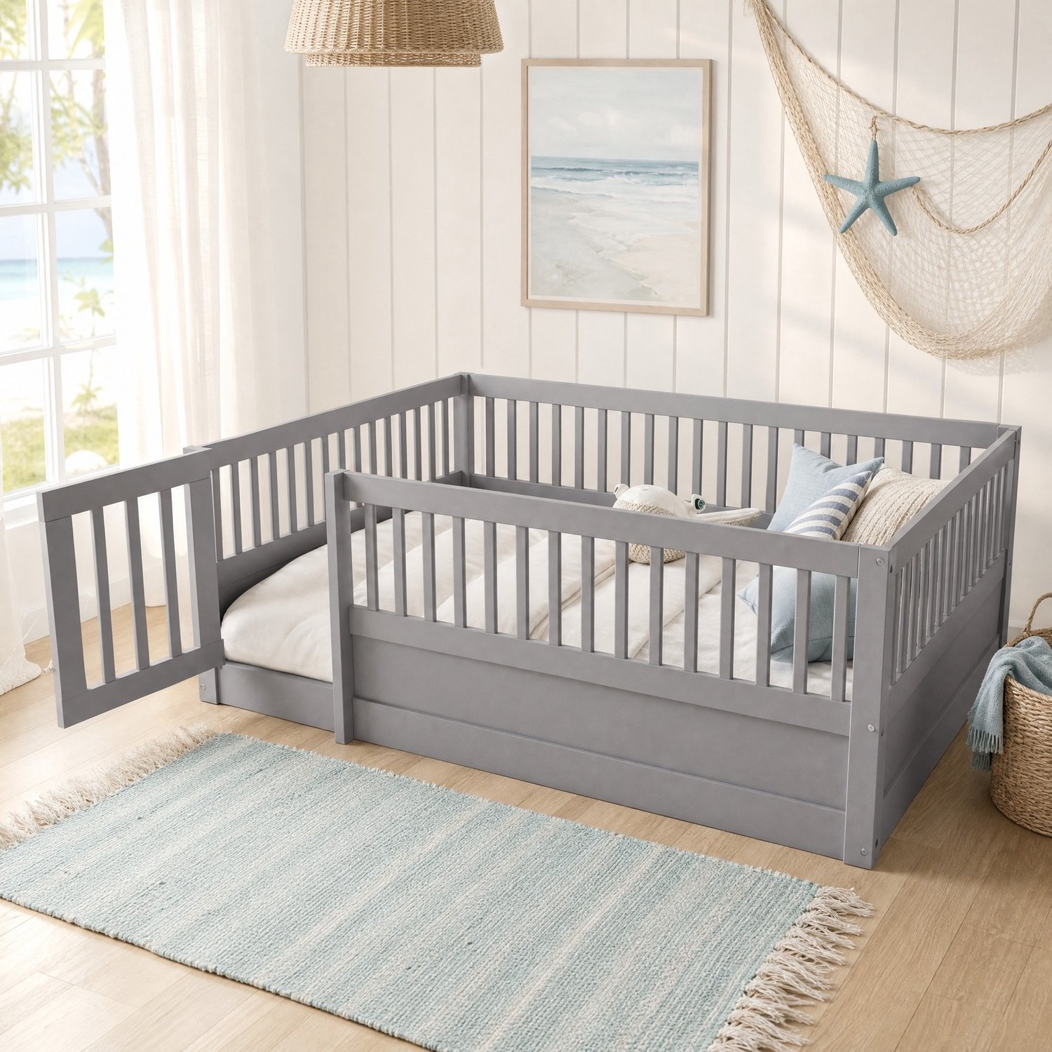 Kinderbed 140 x 200 cm - Houten vloerbed met hek en deur - Grijs