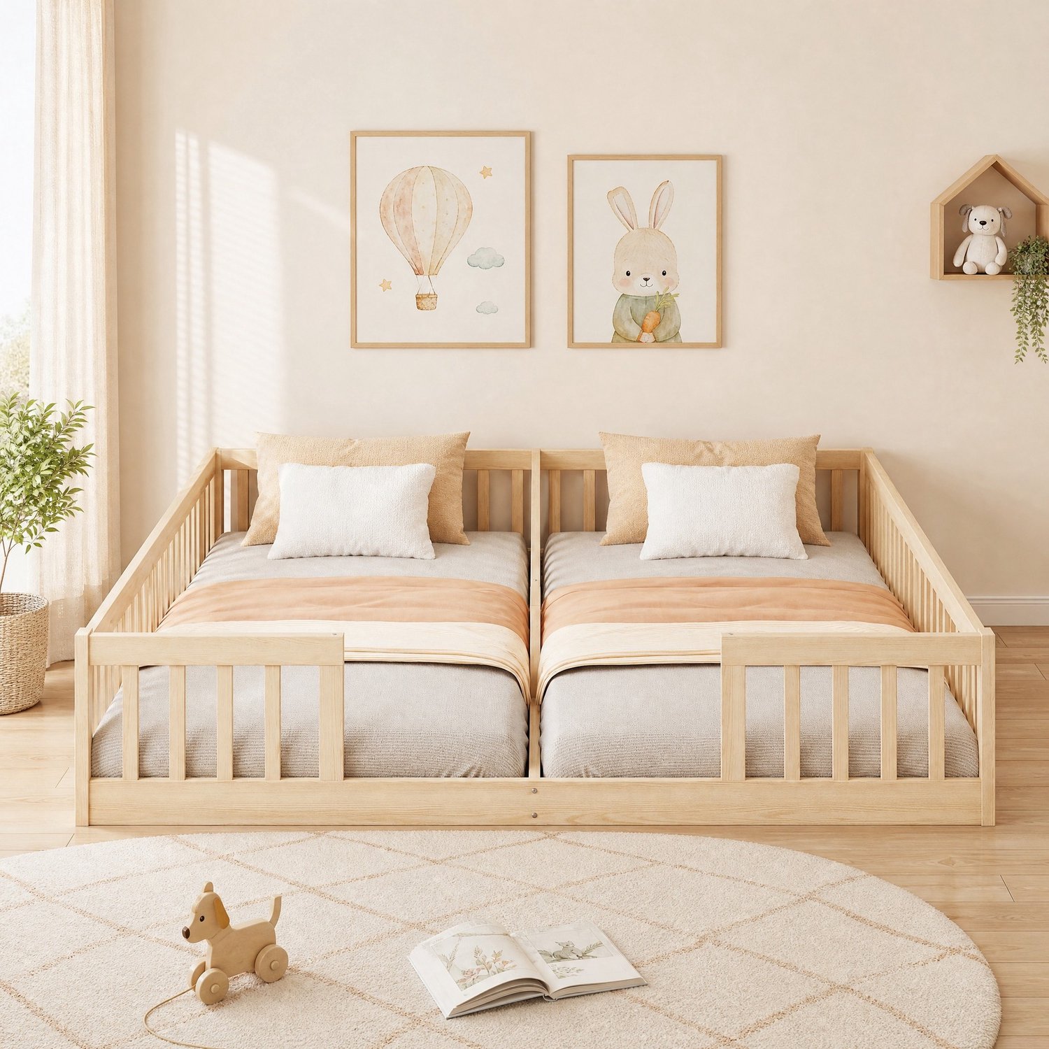 CHICFURN Kinderbed 2 x 90 x 200 cm - Lattenbodem - Uitvalbeveiliging - Naturel