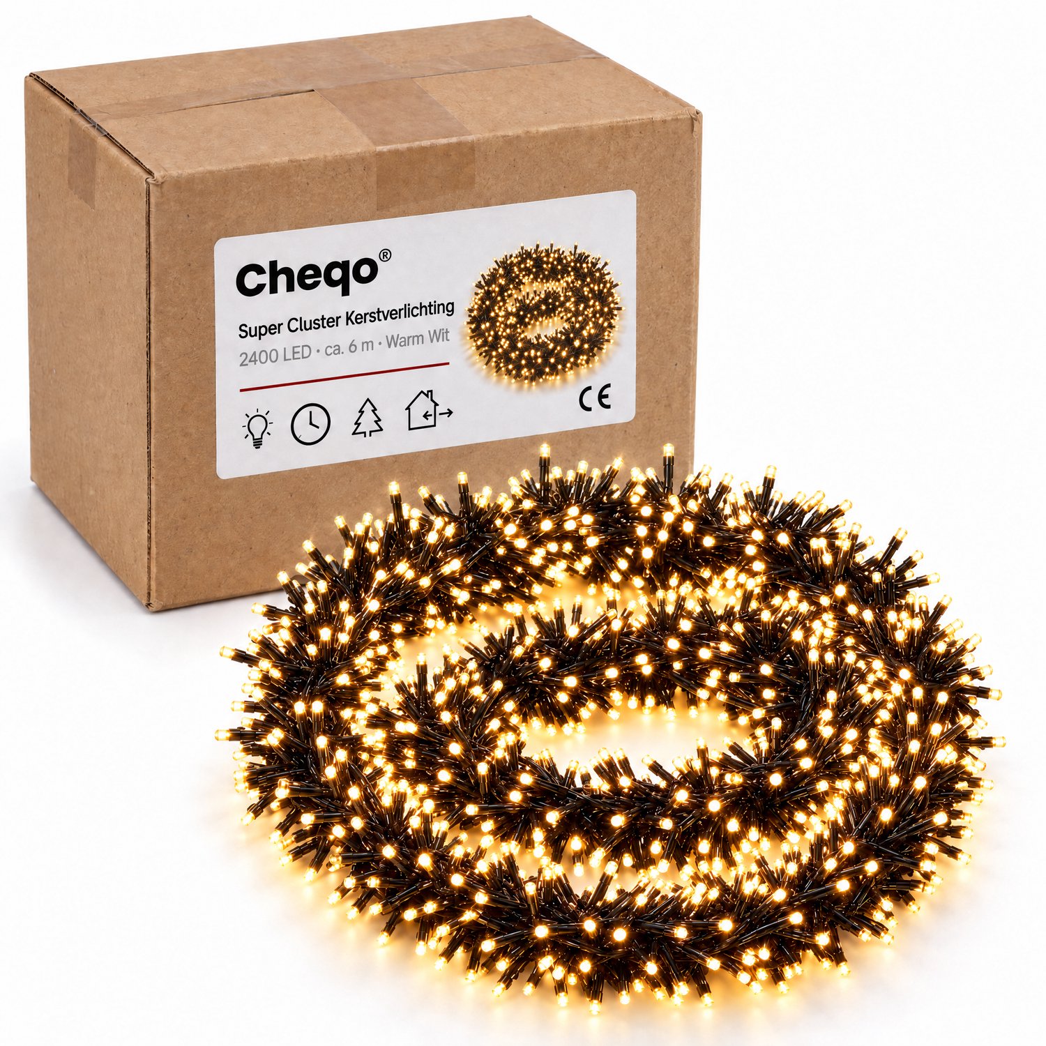 Cheqo® Super Cluster Kerstverlichting 2400 LED - 6 Meter - Warm Wit - Clusterverlichting - Kerstlampjes - Kerstboomverlichting - 8 Lichtfuncties met Geheugen - Timer - Sfeerverlichting voor Binnen en Buiten - Feestverlichting - Lichtsnoer – foto 8