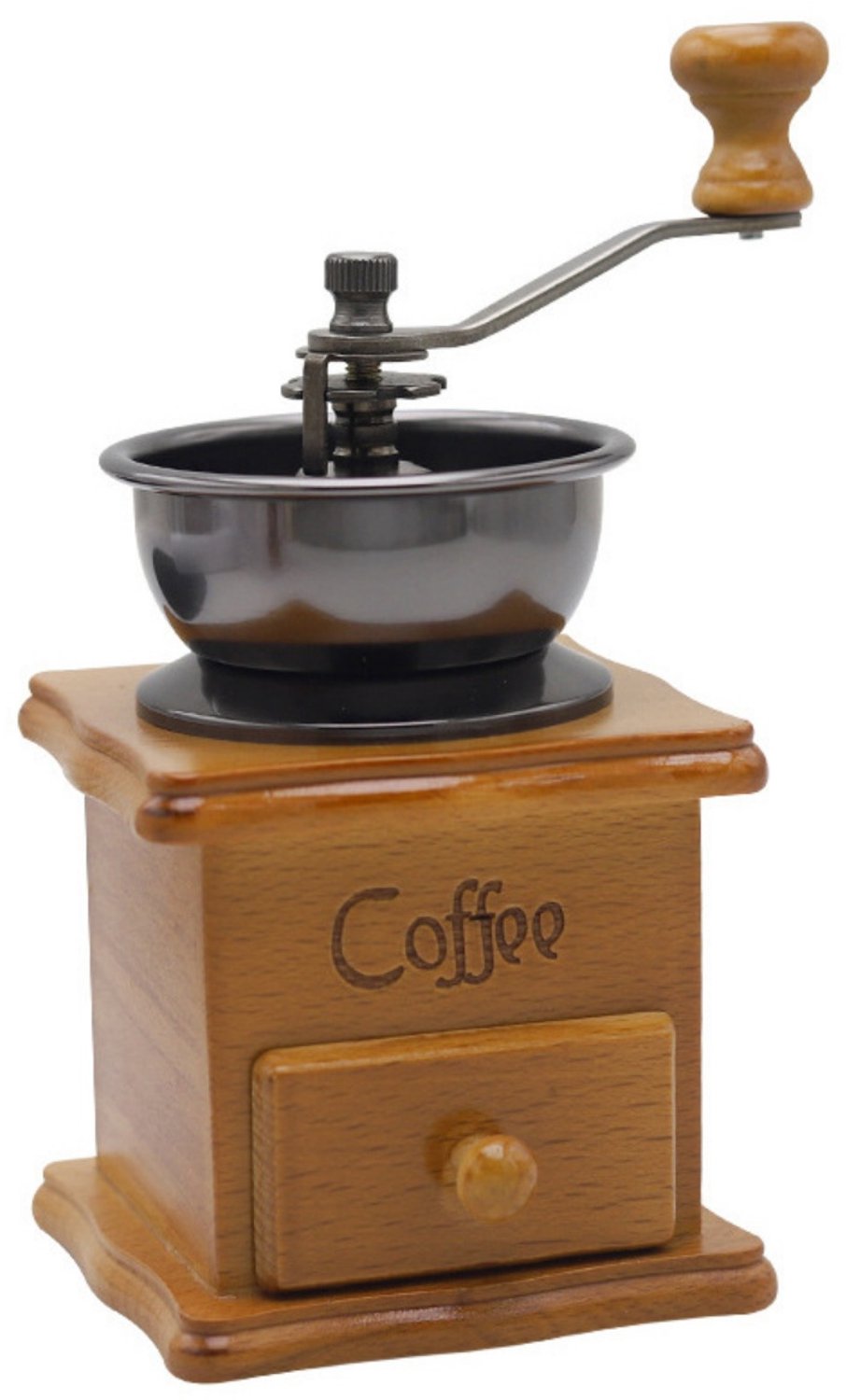 SSTRWGOOD Handmatige koffiemolen - Houten koffiemolen met lade - Handmatig aangedreven - Vintage stijl - Gietijzeren handgreep - 16,5 x 9,5 x 9,5 cm