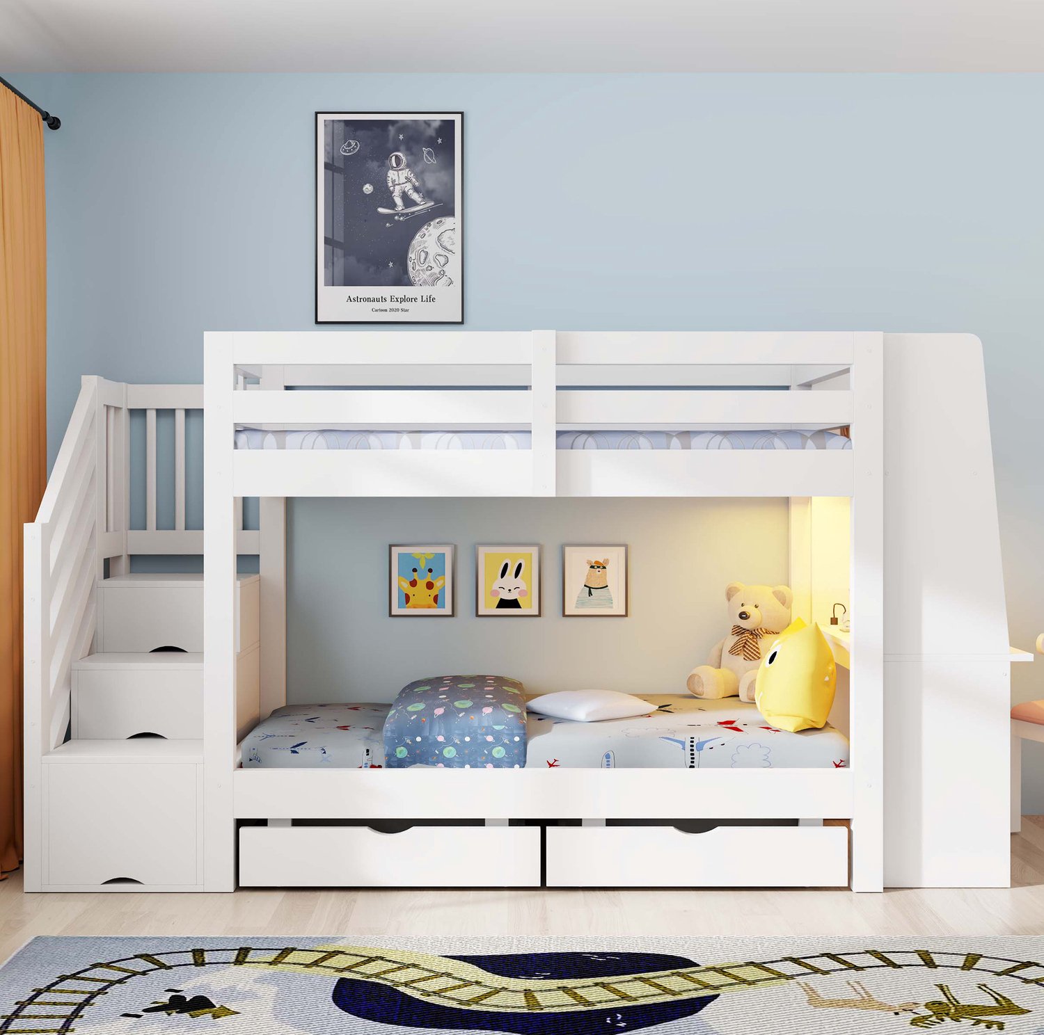 Wishdor Stapelbed 90x200 cm - Met opbergtreden en twee lades - Ingebouwd bureau en boekenkast - Verstelbare LED-verlichting en stopcontact - Hout en MDF - Wit