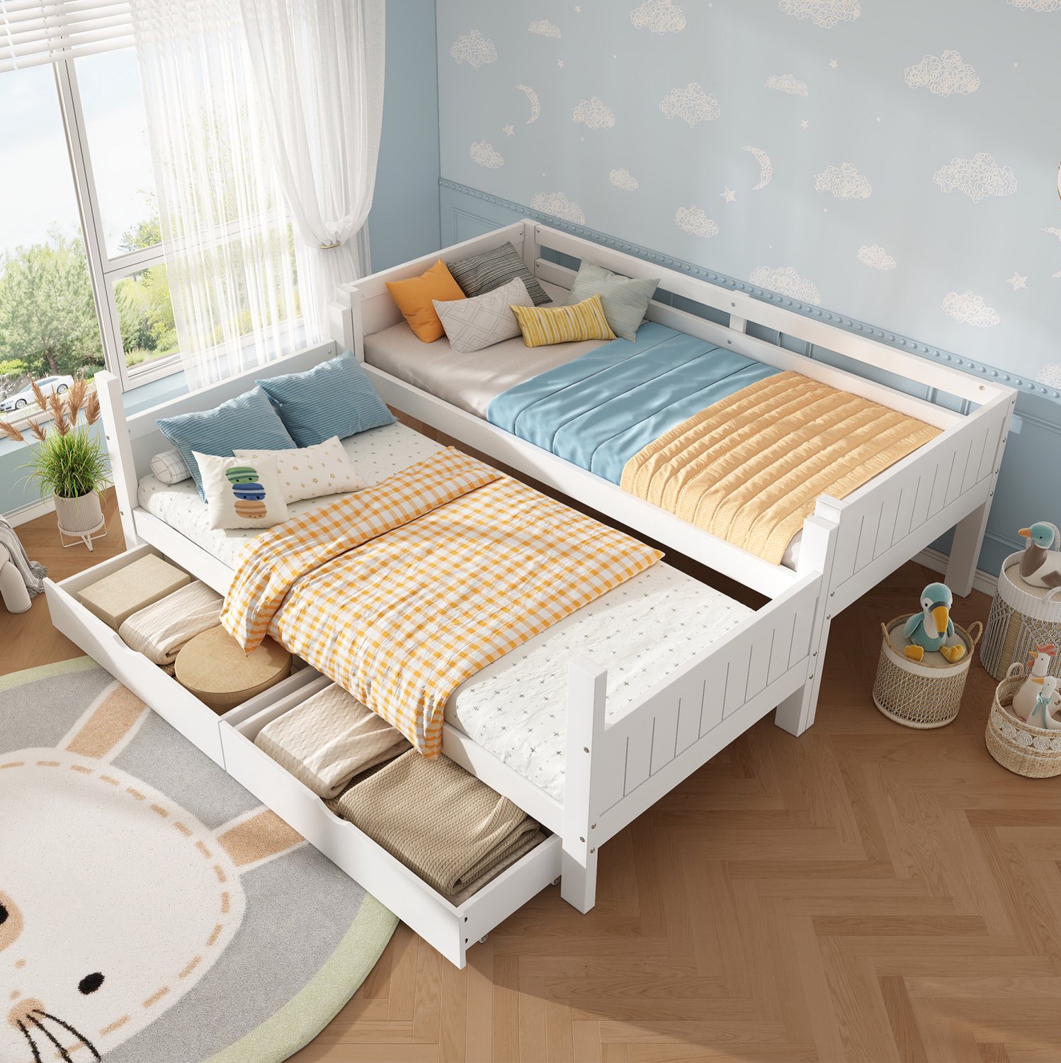 STILVORA Stapelbed 90x200 cm – Deelbaar in Twee Bedden – Met Ladder en Veiligheidshekje – Twee Opbergladen – Hout – Zonder Matras – Wit