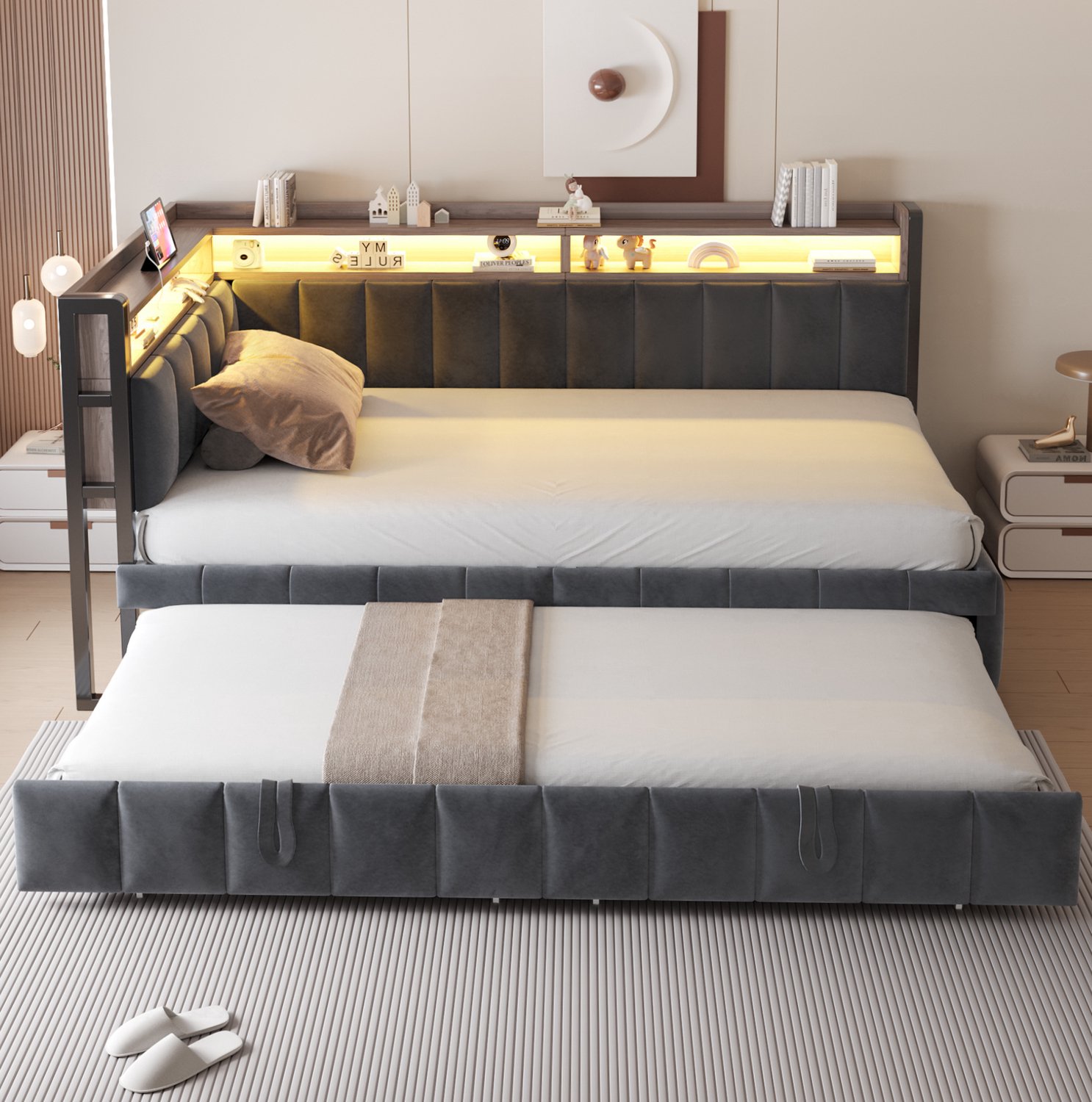 Wishdor Slaapbank 90x200 cm - Uitschuifbed met extra slaapplaats - Verstelbare LED-verlichting en opbergruimte - USB- en USB-C-aansluiting - Donkergrijs fluweel - Woonkamer en logeerkamer