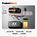 Productinhoud: AutoXtreme starthulp, startkabels, opbergkoffer, USB-C kabel en handleiding met afmetingen.