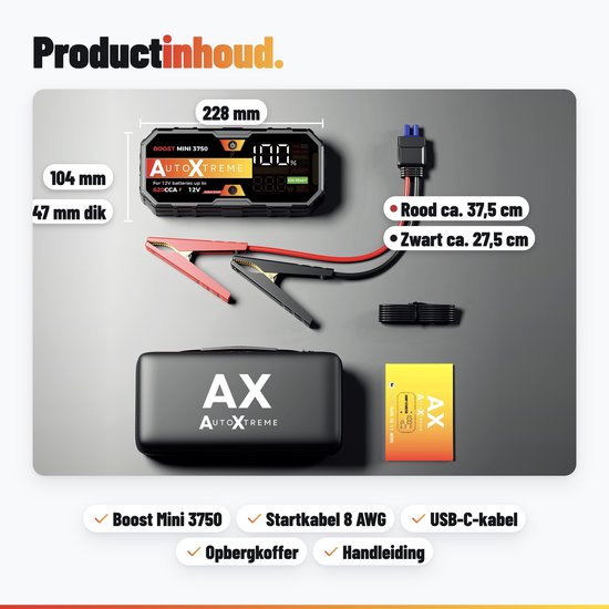 Productinhoud: AutoXtreme starthulp, startkabels, opbergkoffer, USB-C kabel en handleiding met afmetingen.