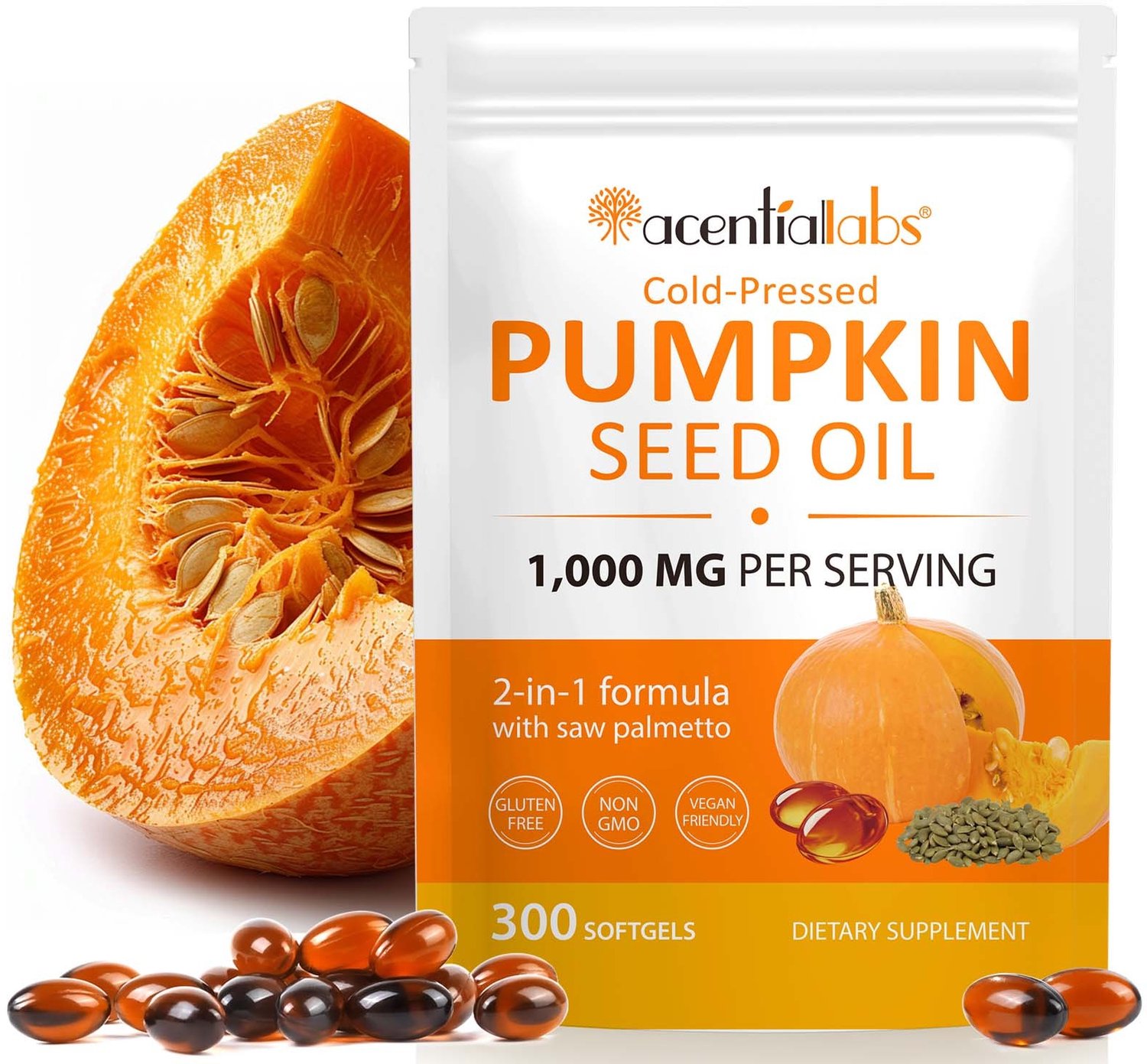 Acential Labs Pumpkin Seed Oil met Saw Palmetto (Zaagpalm) – Koudgeperste Pompoenpitolie – 1000 mg per 3 Softgels – 300 Softgels – 100 Porties