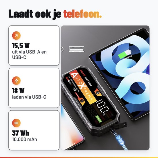 AutoXtreme starthulp wordt gebruikt als powerbank om een tablet en telefoon op te laden via USB.