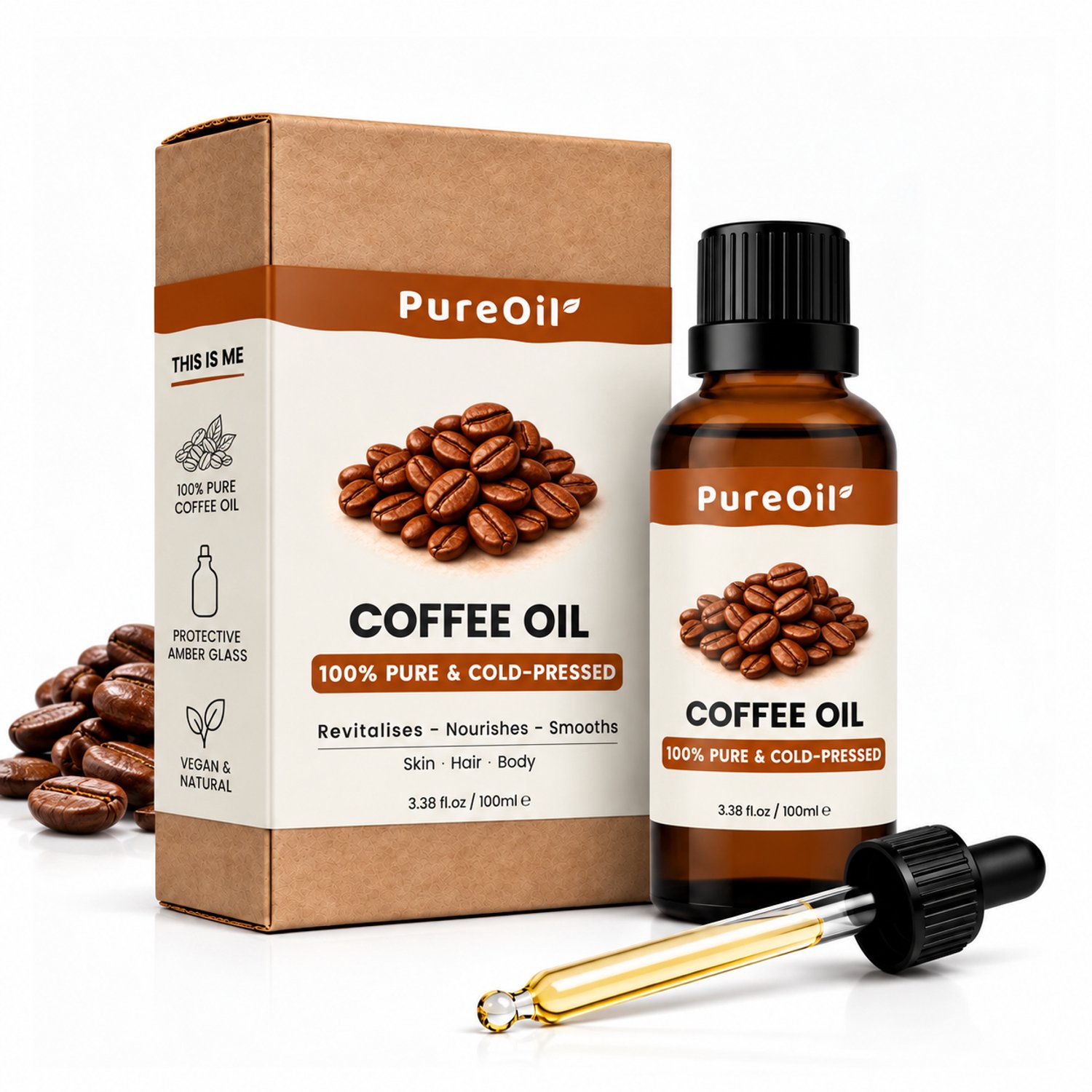 PureOil® – Koffie Olie – 100ml – Koudgeperst & Hexaanvrij – 100% Puur, Natuurlijk & Vegan – Voor Haar | Huid | Gezicht | Scalp | Wimpers | Wenkbrauwen | Nagels | Massage - Haarolie - Massage Olie - Incl. Ebook