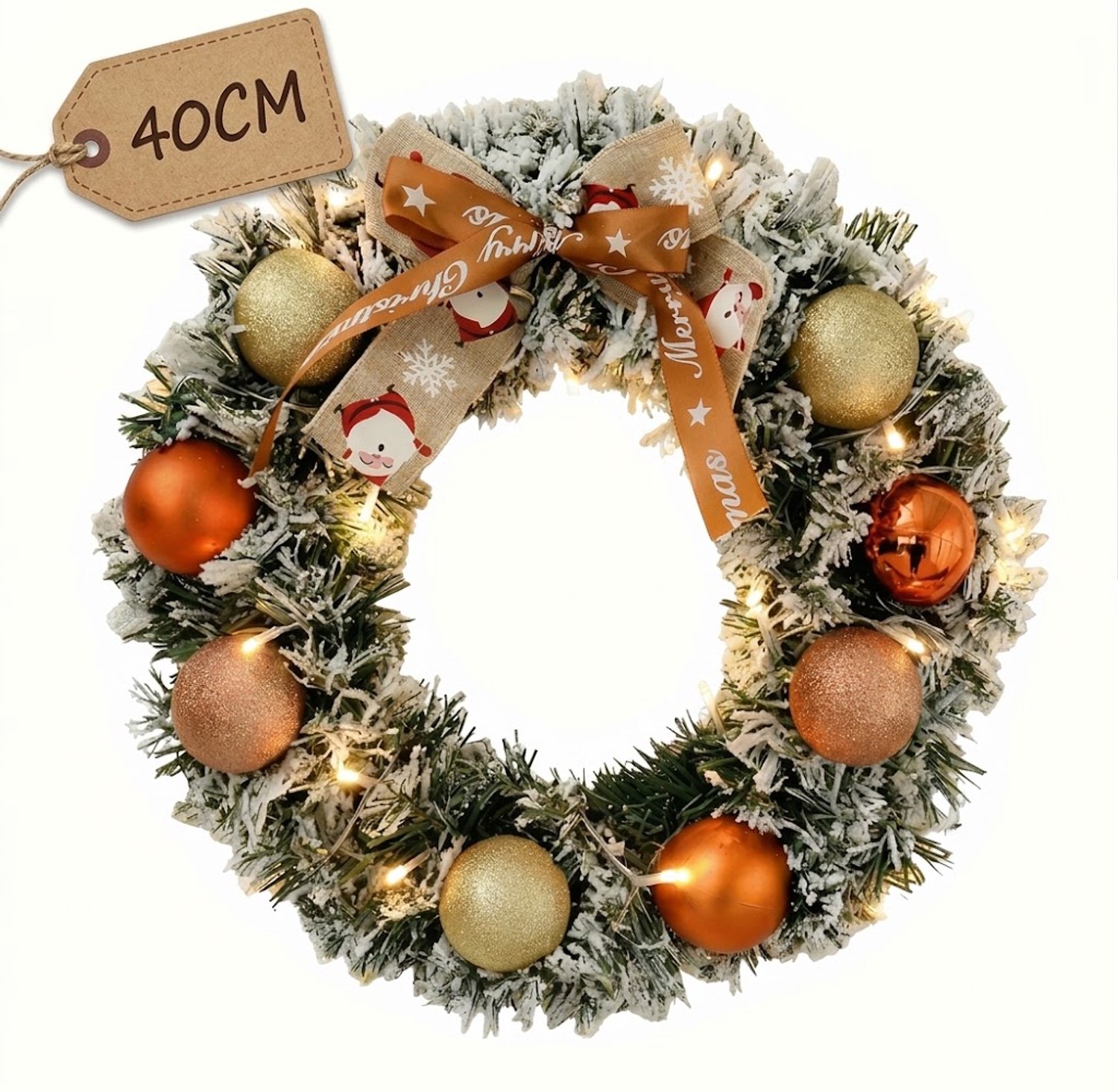 Premium Kerstkrans- met Decoraties & LED verlichting(40cm) - Groen - Met 20 Led Lampjes op Batterijbox - deurkransen kerstversiering- Kerstdecoratie - Kerstmis
