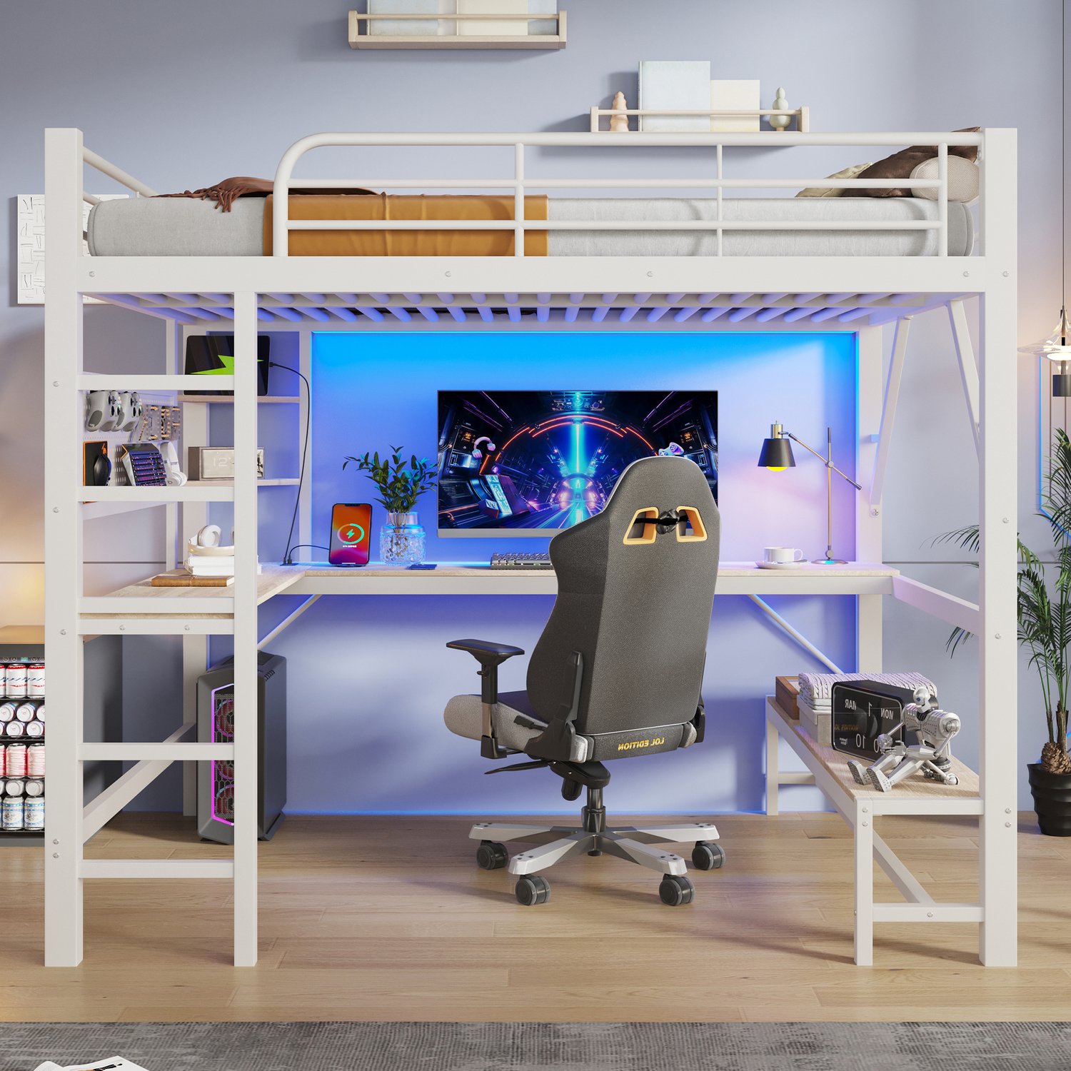 OKWISH Hoogslaper 160 x 200 cm - Met Bureau en Ledlicht - Met Legplanken en Gatenbord - Voor Slaap- en Werkruimte - Metaal en MDF - Zonder Matras - Wit