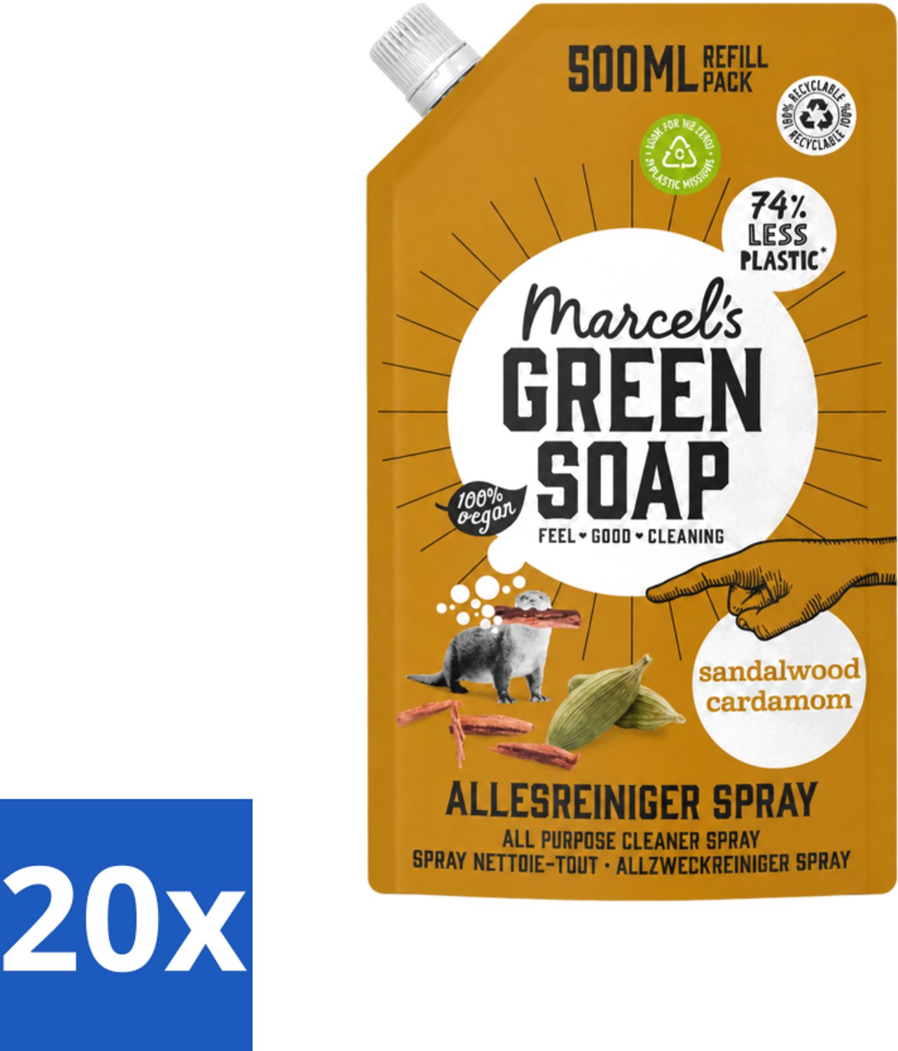 20 x Marcel's Green Soap - Allesreiniger Spray - Navulling - Sandelhout & Kardemon - Frisse reiniging - 500 ml - Voordeelverpakking - 20 stuks