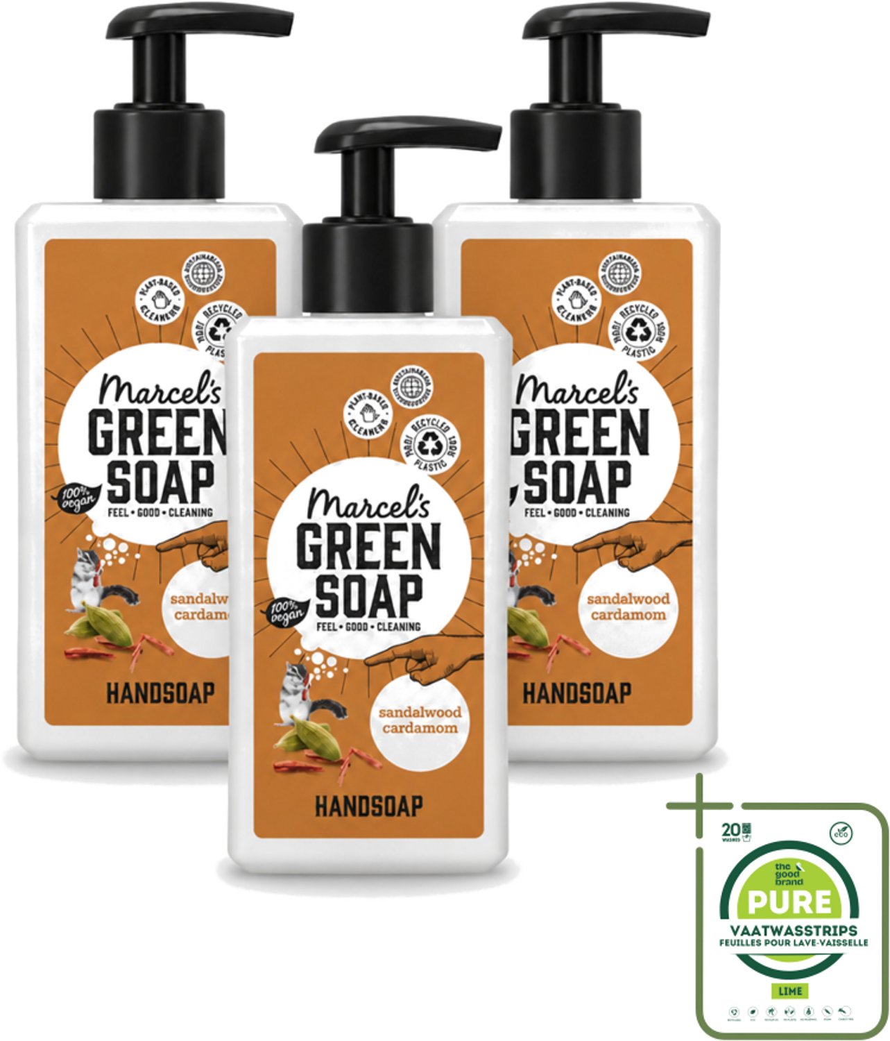 3 x Marcel’s Green Soap – Handzeep – Sandelhout & Kardemom – 250 ml - Grootverpakking - Vaatwasstrips - Handzeep - Natuurlijke Handzeep - Handzeep Met Geur - Handzeep Sandelhout - Handzeep Lavendel