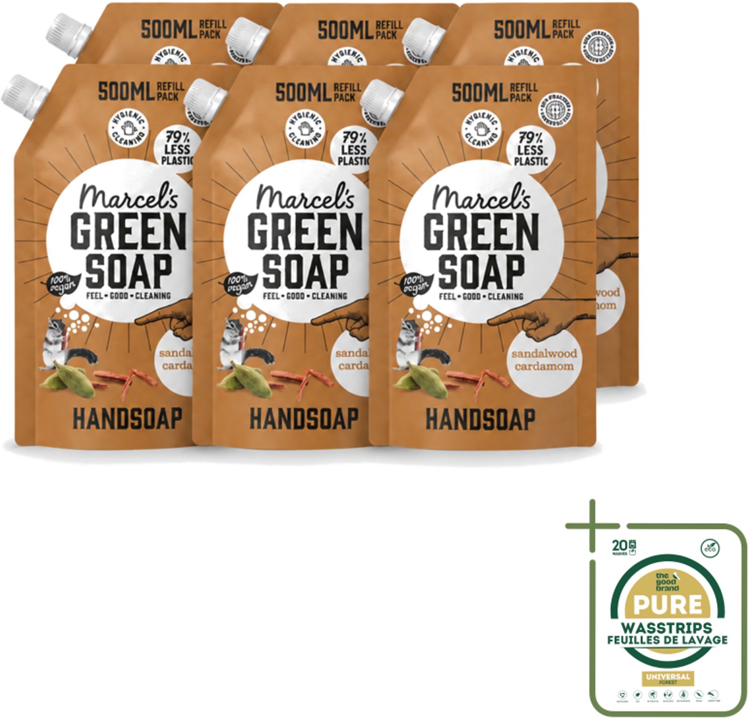 6 x Marcel’s Green Soap – Handzeep Navulling – Sandelhout & Kardemom – 500 ml - Wasstrips - Handzeep Navulling - Sandelhout En Kardemom - Natuurlijke Handzeep - Duurzame Handzeep - Geurige Handzeep