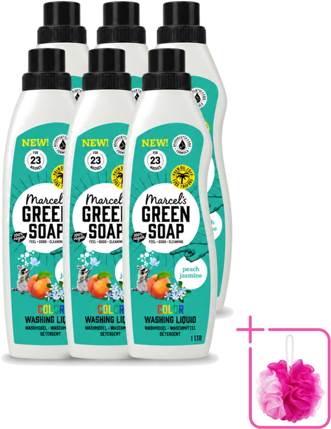 6 x Marcel's Green Soap - Vloeibaar Wasmiddel - Kleur - Perzik & Jasmijn - Effectief & natuurlijk - 23 Wasbeurten - 1 liter - Bulkverpakking - Wasmiddel - Douchemop - Natuurlijk wasmiddel