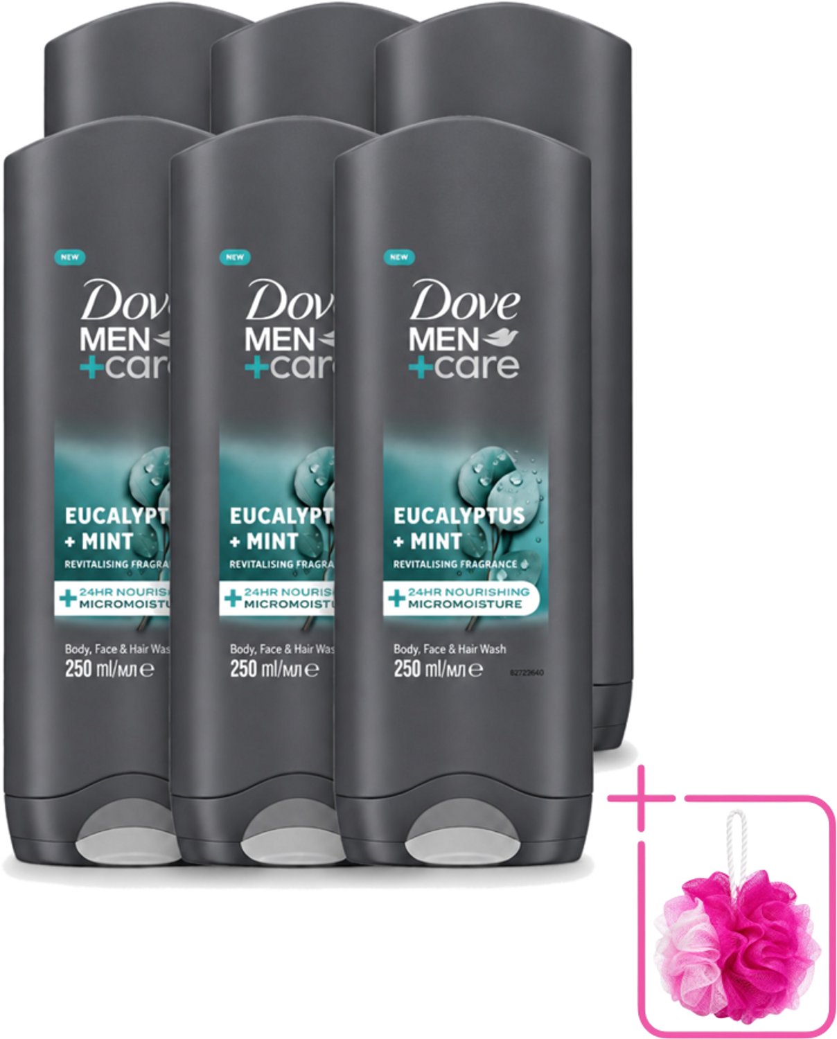 6 x Dove Men+Care Douchegel - Eucalyptus & Mint - 250 ml - Bulkverpakking - Douchegel voor mannen - Douchemop - Hydratatie huid