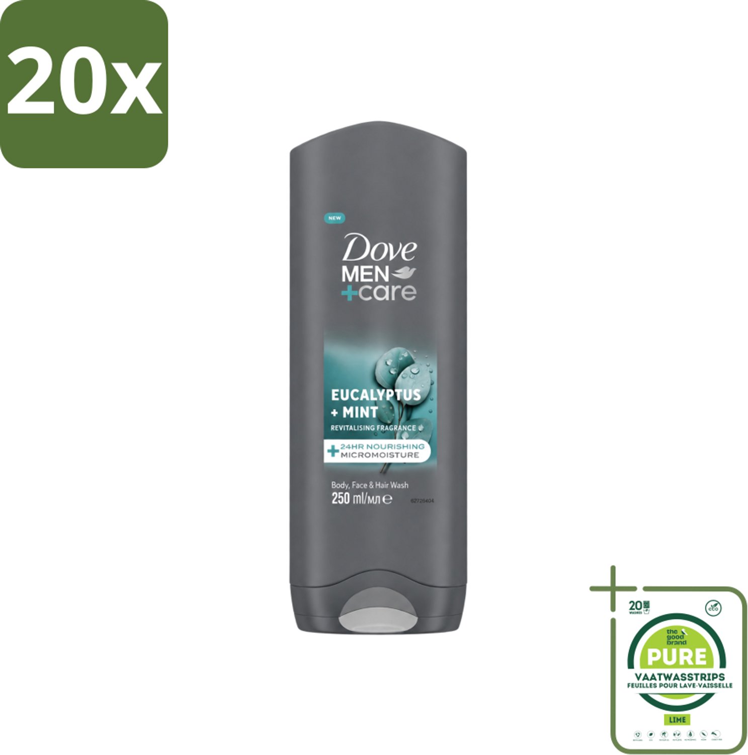 20 x Dove Men+Care Douchegel - Eucalyptus & Mint - 250 ml - Grootverpakking - Vaatwasstrips - Douchegel Voor Mannen - Hydratatie Huid - Verzorging Gezicht - Verzorging Haar - Eucalyptus En Munt