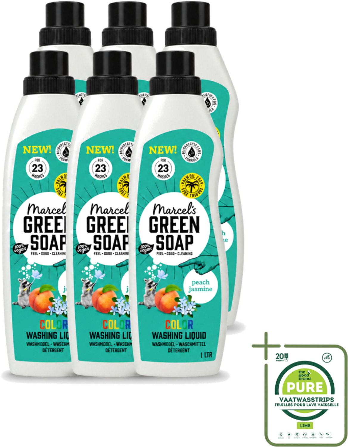 6 x Marcel's Green Soap - Vloeibaar Wasmiddel - Kleur - Perzik & Jasmijn - Effectief & natuurlijk - 23 Wasbeurten - 1 liter - Grootverpakking - Vaatwasstrips - Wasmiddel - Natuurlijk Wasmiddel - Kleur Behoud - Duurzaam Wasmiddel - Palmolie Vrij