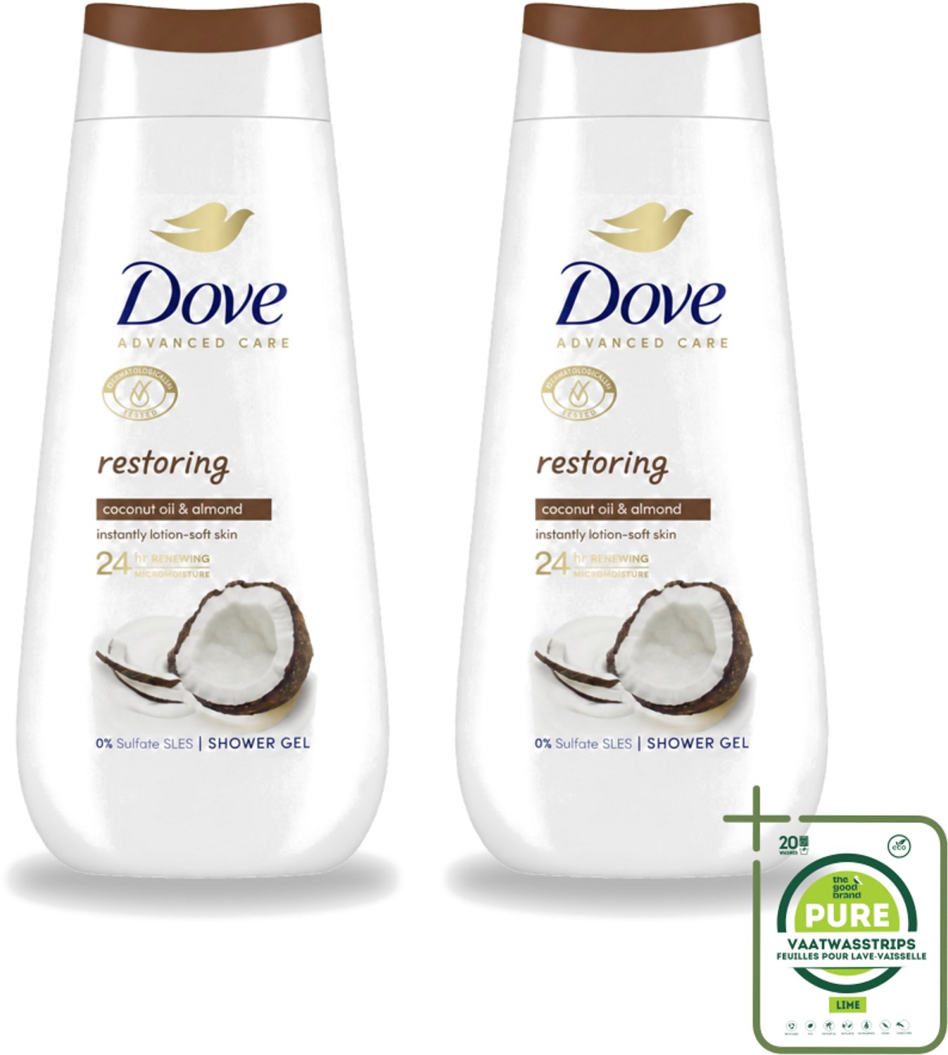 2 x Dove Douchecrème - Restoring - Kokos & Amandel - 225 ml - Grootverpakking - Vaatwasstrips - Herstelende Douchegel - Droge Huid Verzorging - Kokosolie Douchegel - Amandelextract Douchegel - 24-uurs Hydratatie