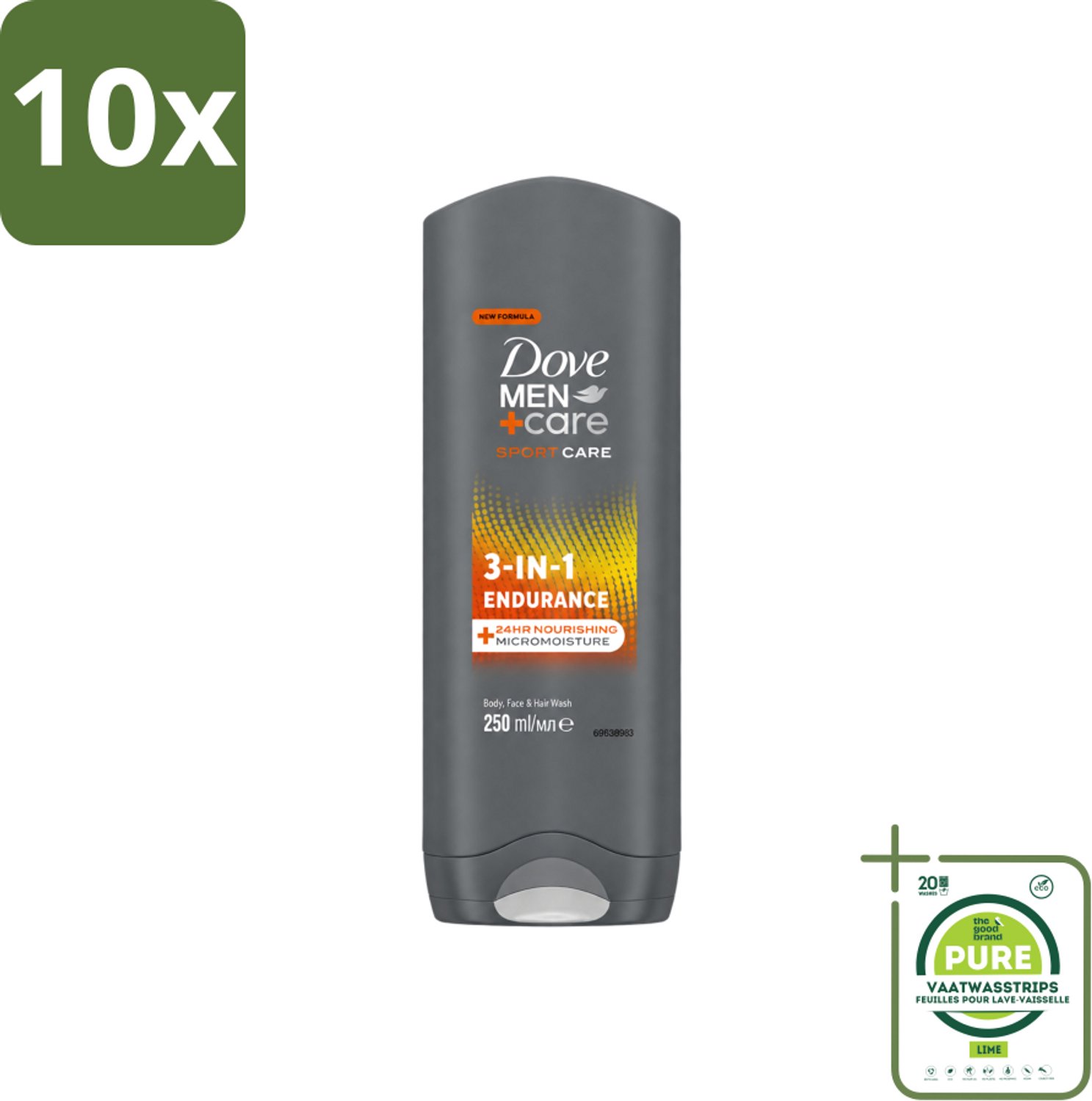 10 x Dove Men+Care 3-in-1 Douchegel - Sport - 250 ml - Grootverpakking - Vaatwasstrips - Sportverzorging - Lichaamverzorging - Gezichtsverzorging - Haarverzorging - Sportdouchegel