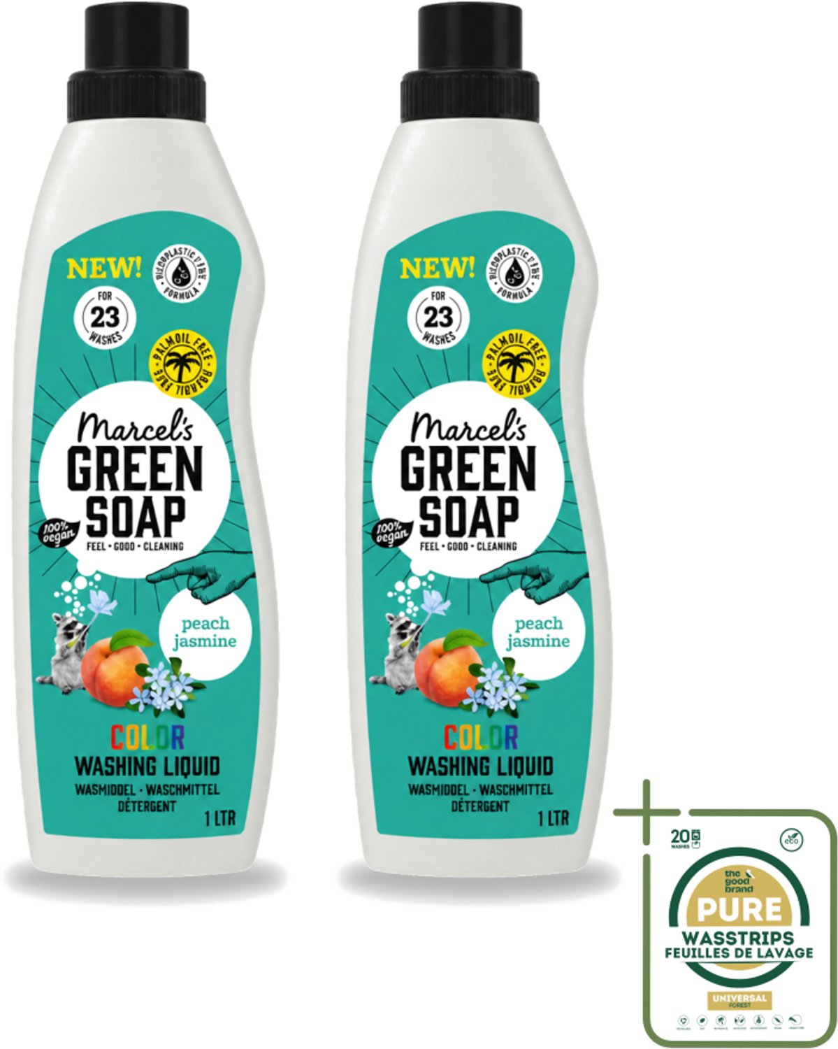 2 x Marcel's Green Soap - Vloeibaar Wasmiddel - Kleur - Perzik & Jasmijn - Effectief & natuurlijk - 23 Wasbeurten - 1 liter - Wasstrips - Wasmiddel - Geur Perzik En Jasmijn - Kleur Wasgoed - Duurzaam Wasmiddel - Palmolievrij