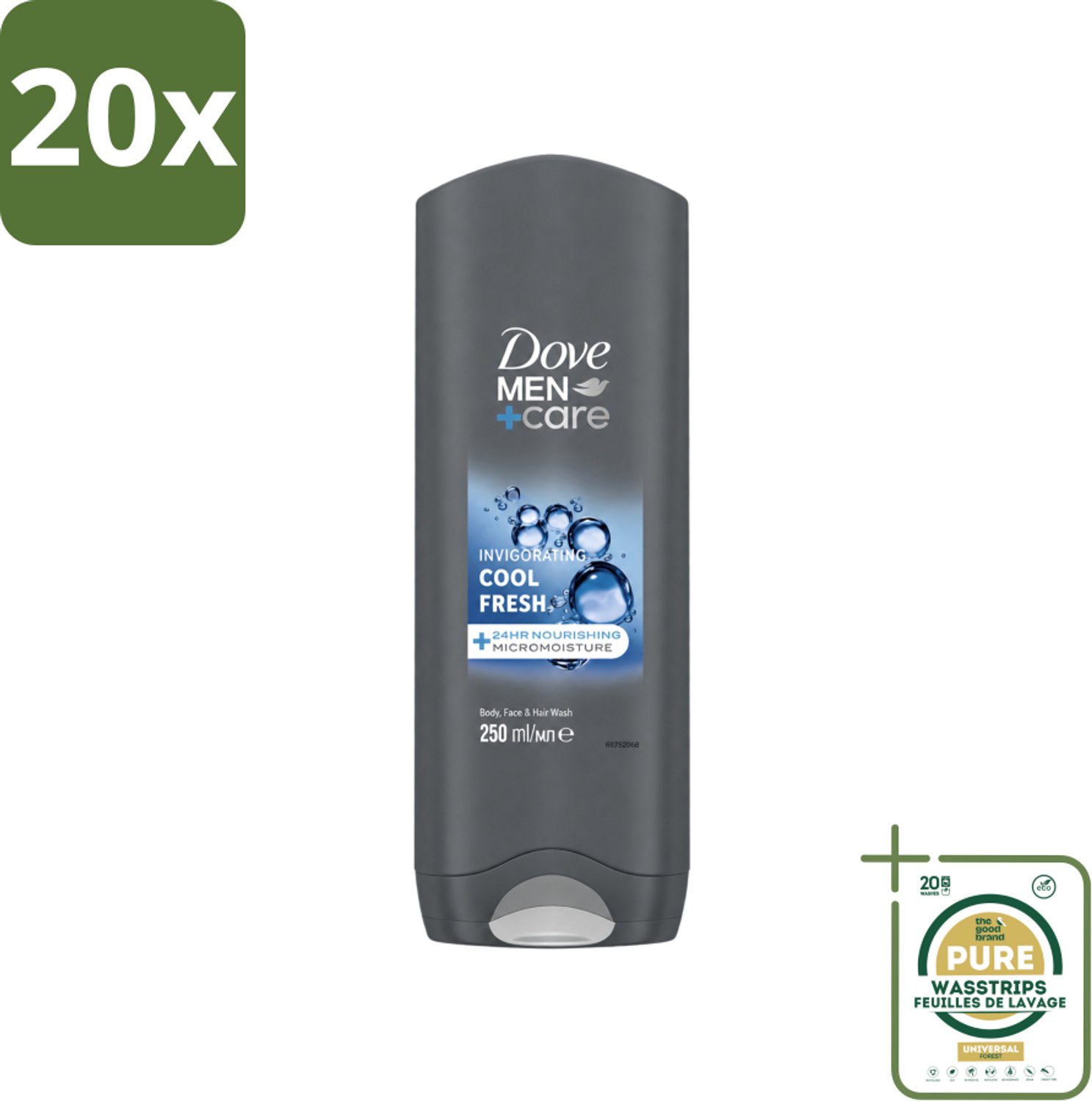 20 x Dove Men+Care Douchegel - Cool Fresh - 250 ml - Wasstrips - Douchegel Voor Mannen - Hydraterend Douchegel - Douchegel Voor Droge Huid - Douchegel Voor Gezicht En Lichaam - Verfrissende Douchegel