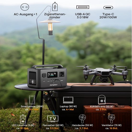 Aferiy powerstation in gebruik op een campingtafel, voedt een drone en diverse andere apparaten in de natuur.