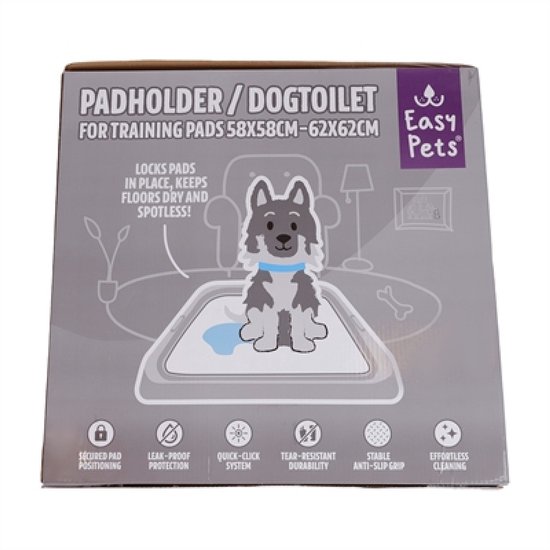 Grijze Easy Pets hondentoilet-houder voor trainingspads met illustratie van een hond en zes icoontjes voor eigenschappen.