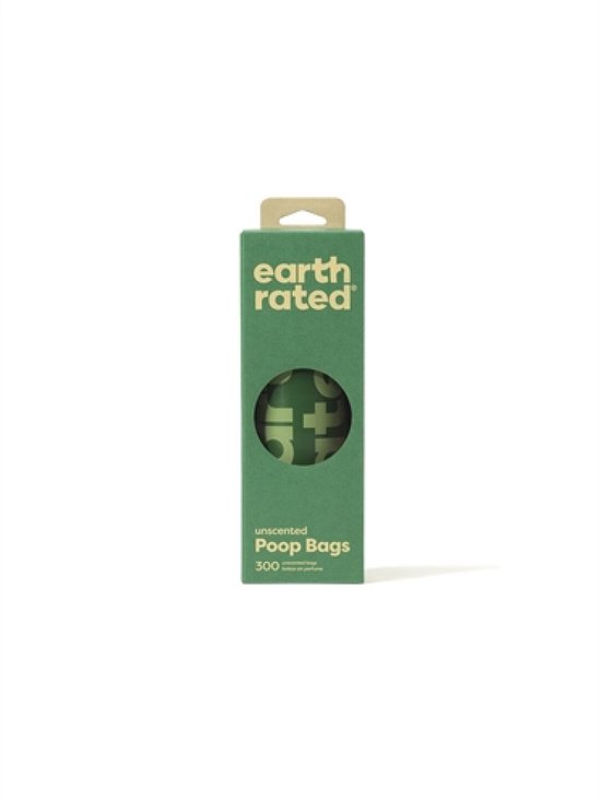 Groene verpakking Earth Rated met 300 ongeparfumeerde hondenpoepzakjes.