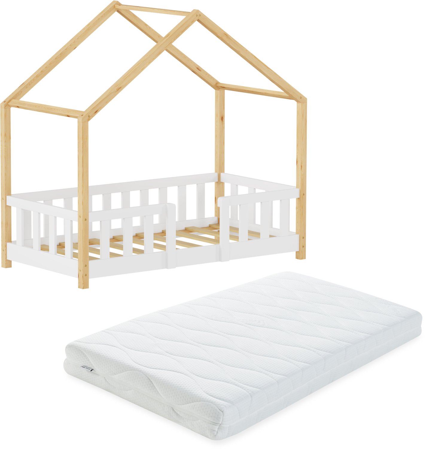 en.casa Kinderbed Treviolo met uitvalbeveiliging en matras 70x140 cm wit en naturel [en.casa]