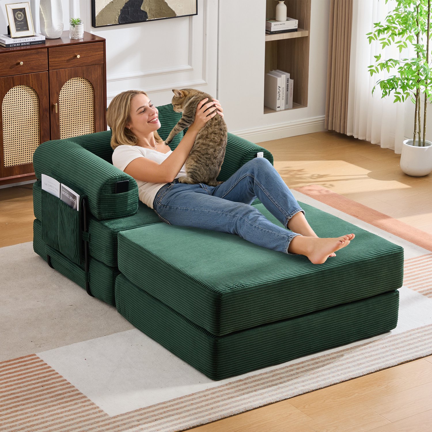 Welltin Fauteuil met hocker - metalen onderstel - opbergvak - 300 kg - ribstof - 112 x 190 x 67 cm - Smaragdgroen