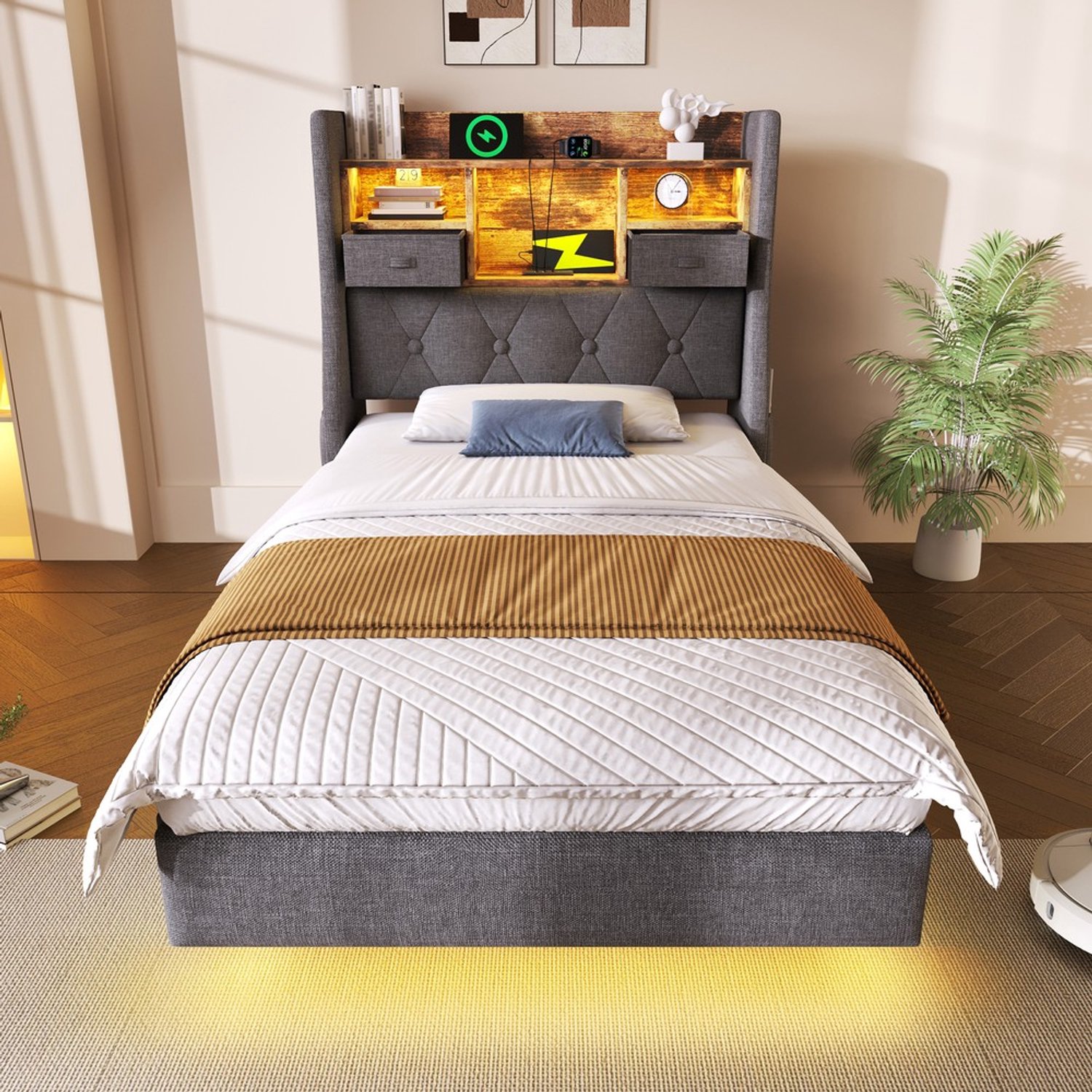 KOMHTOM Gestoffeerd bed - 90x200 cm - Linnen - Grijs - LED-verlichting - USB-aansluiting - Opbergruimte - Lattenbodem - Hoofdeinde