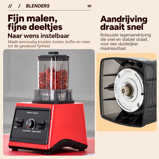 Sellino Blender - Keukenblender - Mixapparaat - Keukenmixer - Maalmachine - 3-in-1 - 3 Mengbekers - 15 Snelheidsstanden - Rood van Sellino — afbeelding 5