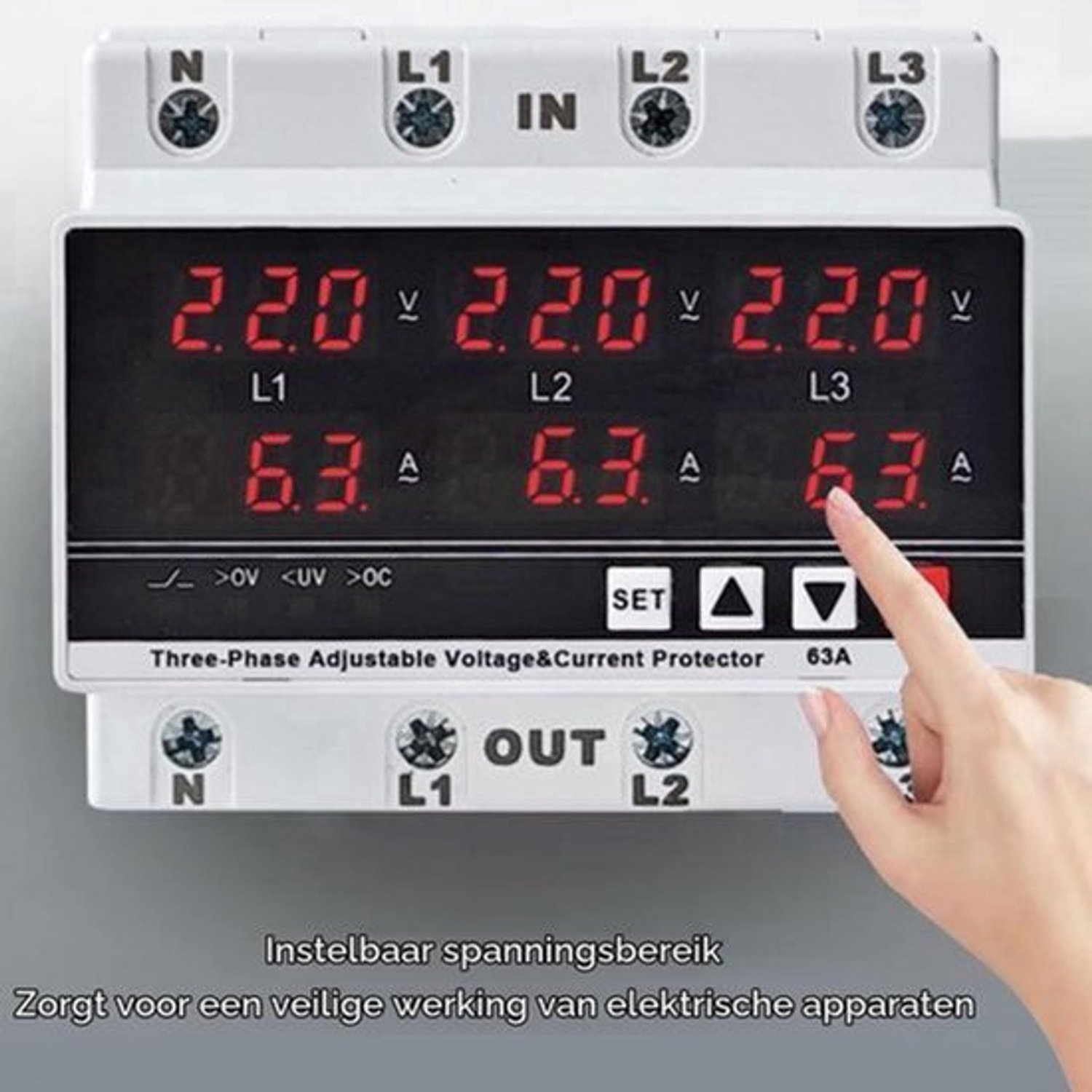 Onderspanningsbeveiliging 3 Fase 3 Draads 4 Draads Voltmeter Ampèremeter DIN Rail Instelbare Overstroombeveiliging AC120V - 300V 63A