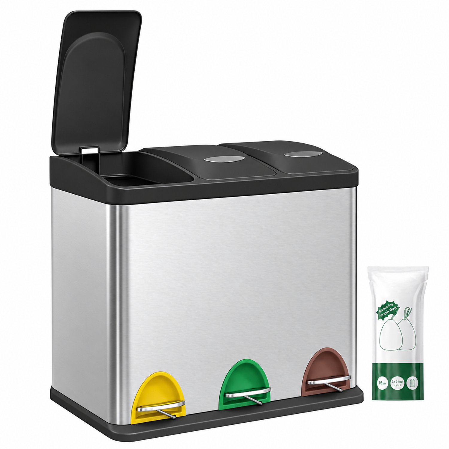 Keukenafvalbak 3-in-1 Metalen pedaalbak, 3 x 8 L Afvalscheidingssysteem, eenvoudig te reinigen, roestvrij staal, zilver en inkt zwart, HOME Collection