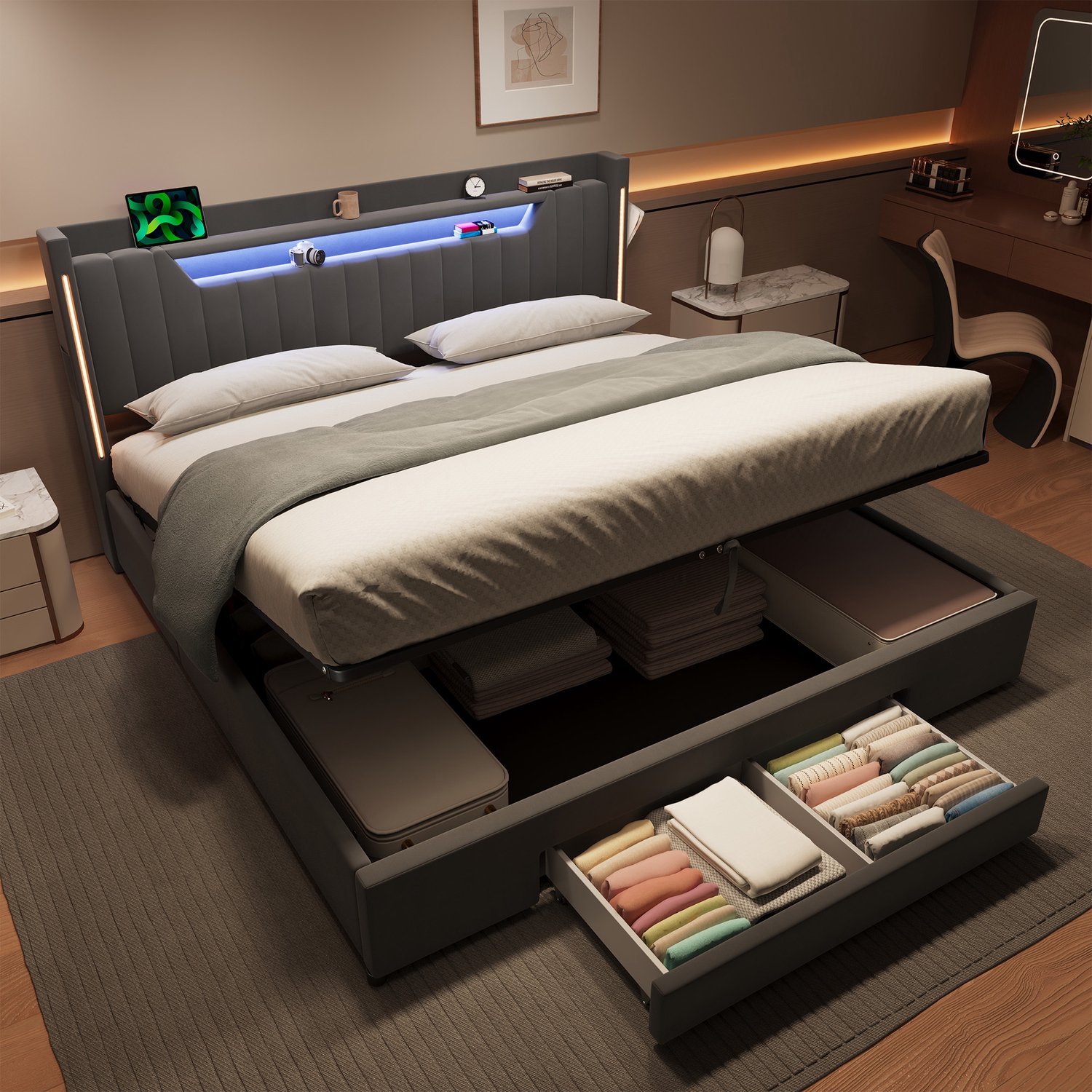 HAUSS SPOLE Gestoffeerd Bed 180x200cm - Tweepersoonsbed Met Ledverlichting En Opbergladen - Zonder Matras - Fluweel - Donkergrijs
